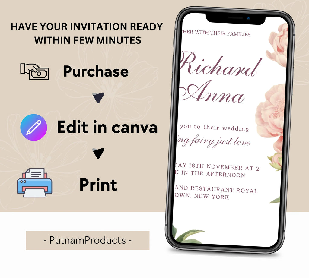 Elegant Peony Floral Wedding Invitation, Pink Peony Wedding Invitation, Blush Pink flowers Wedding Invitation, PEONY Wedding Invitation