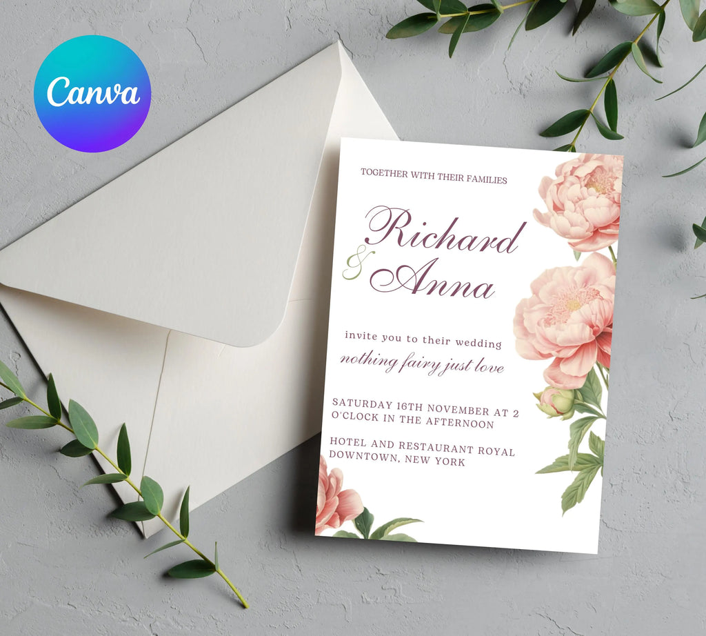 Elegant Peony Floral Wedding Invitation, Pink Peony Wedding Invitation, Blush Pink flowers Wedding Invitation, PEONY Wedding Invitation