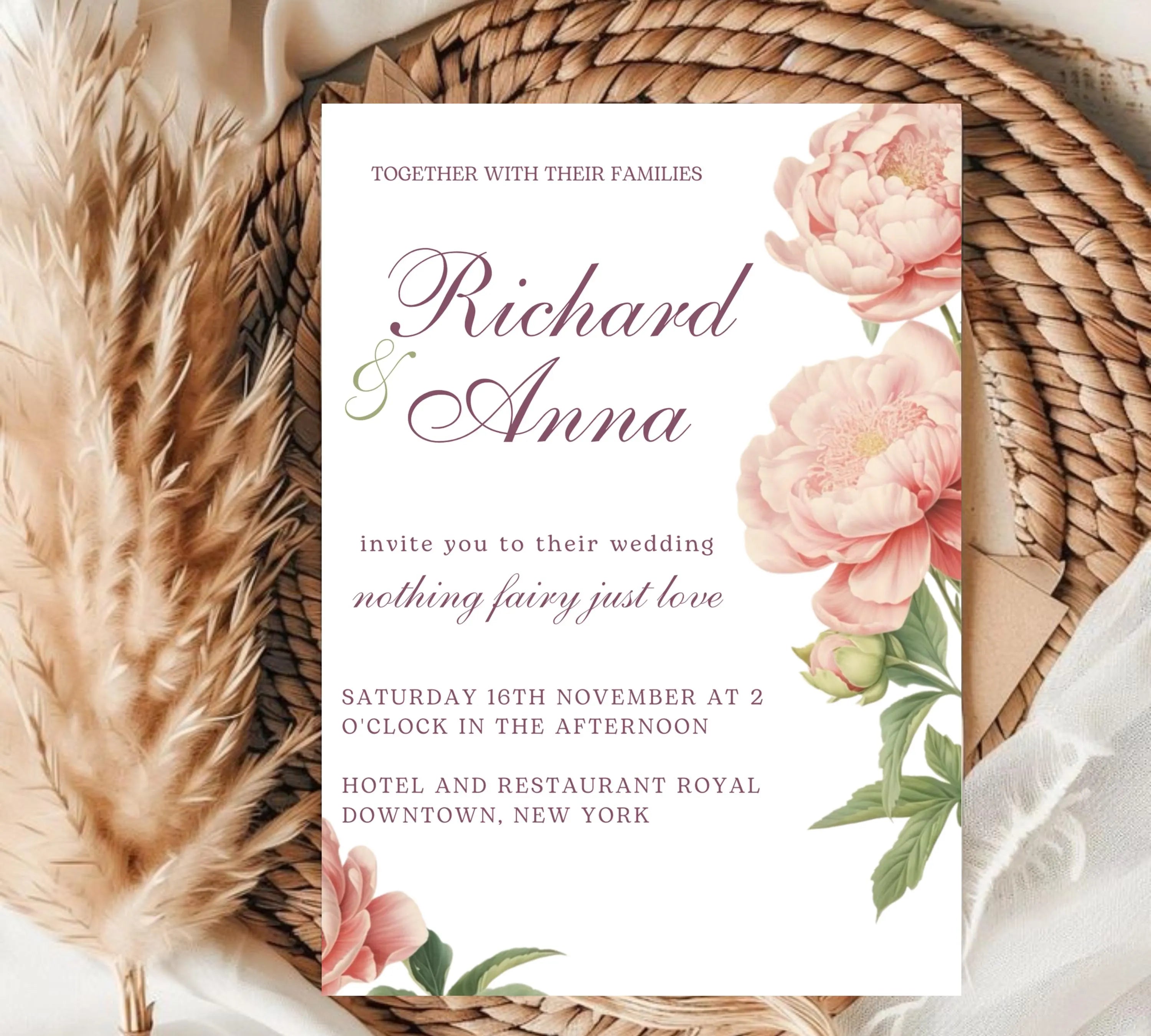 Elegant Peony Floral Wedding Invitation, Pink Peony Wedding Invitation, Blush Pink flowers Wedding Invitation, PEONY Wedding Invitation