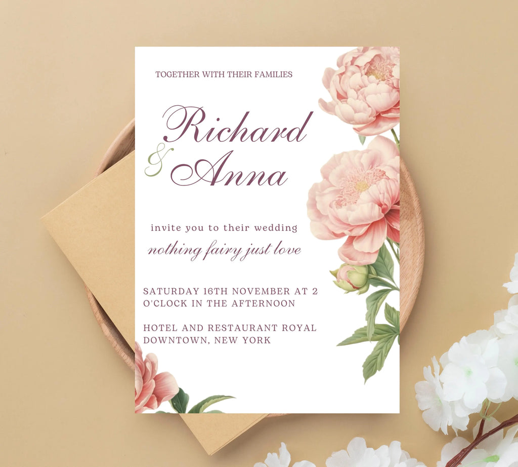 Elegant Peony Floral Wedding Invitation, Pink Peony Wedding Invitation, Blush Pink flowers Wedding Invitation, PEONY Wedding Invitation