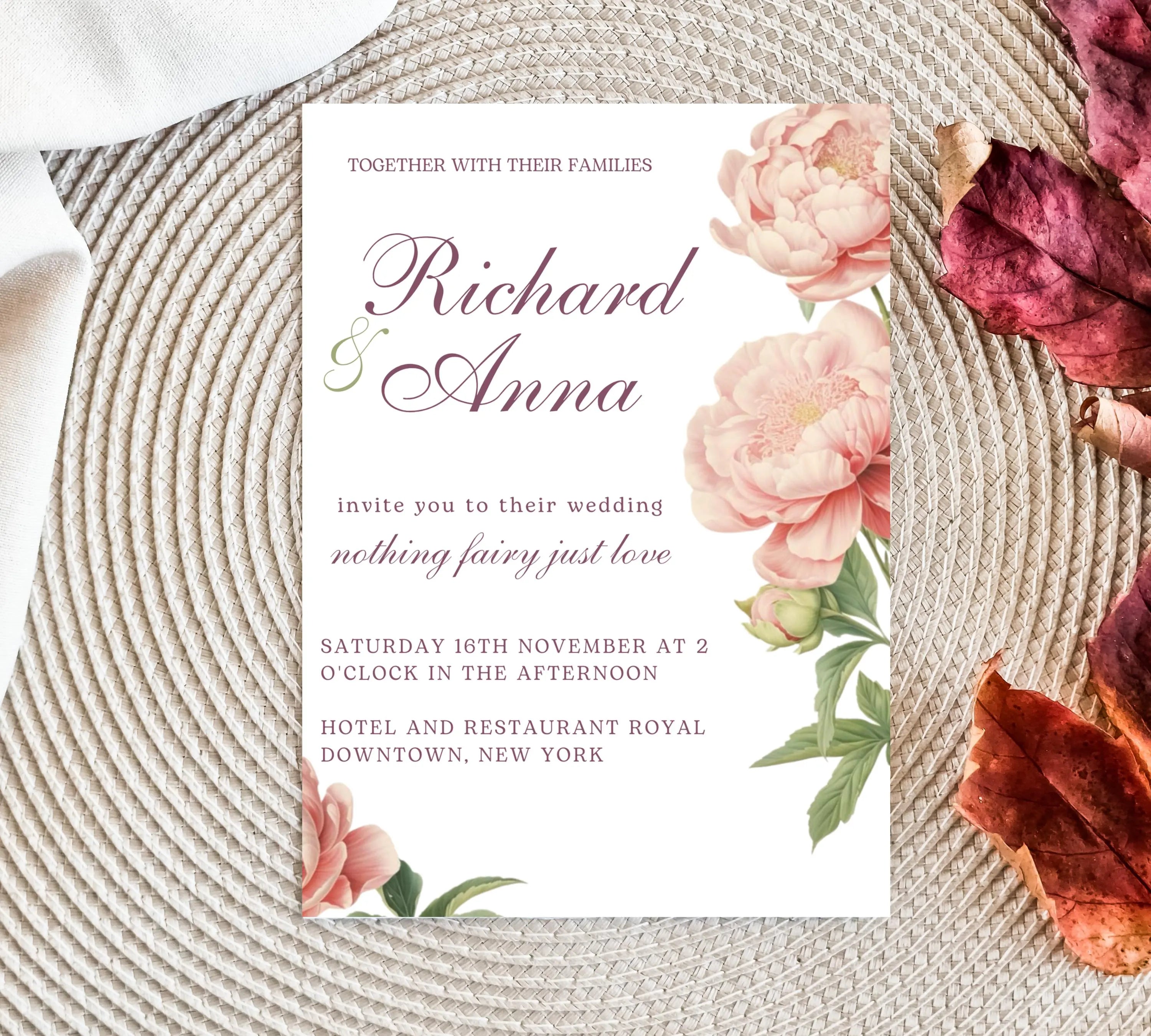 Elegant Peony Floral Wedding Invitation, Pink Peony Wedding Invitation, Blush Pink flowers Wedding Invitation, PEONY Wedding Invitation