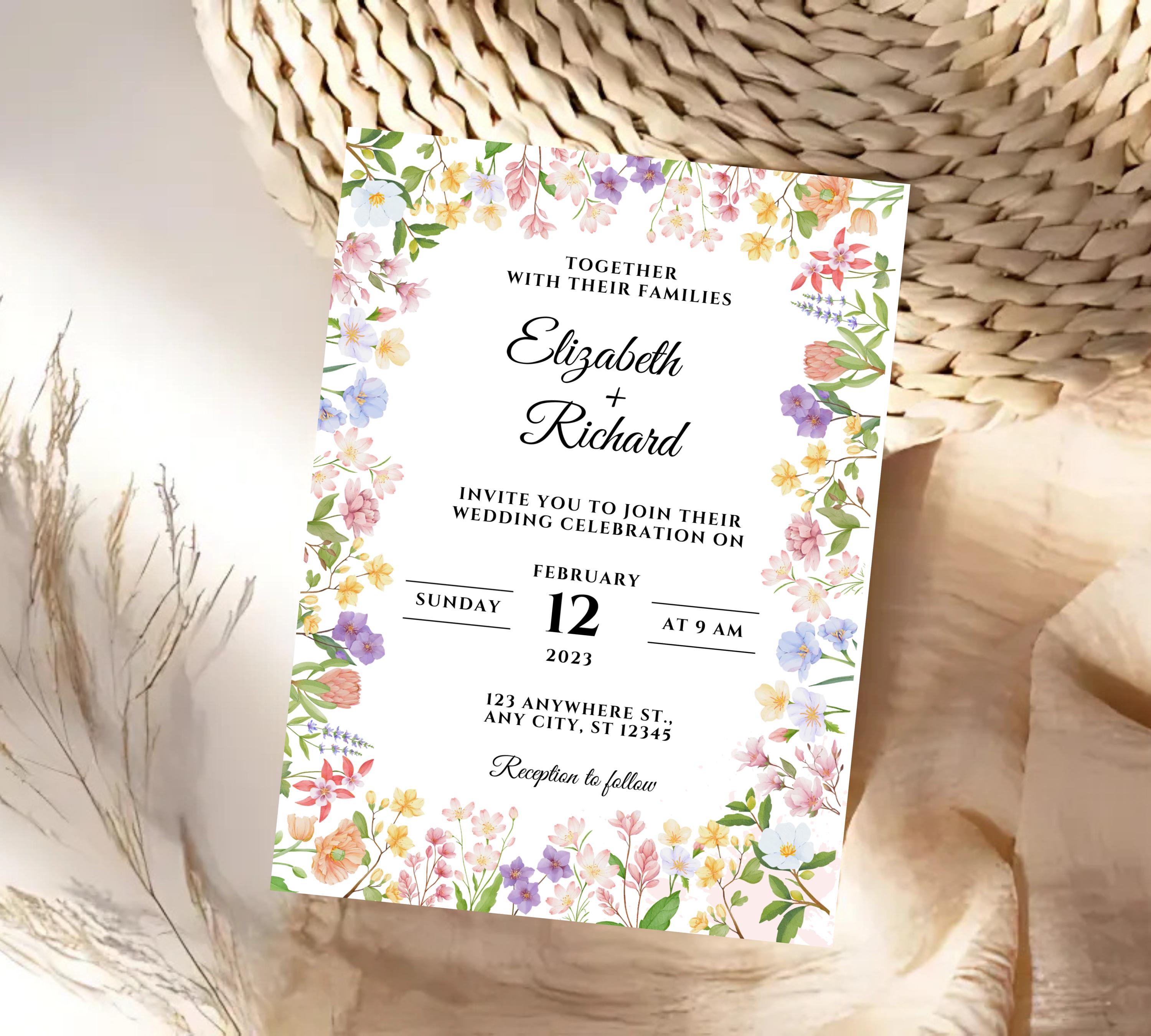 Rustic Wildflower Wedding Invitation, Wildflowers Wedding Invitation Template, Floral Wedding Invitation, Spring Wild Flower Wedding Invite