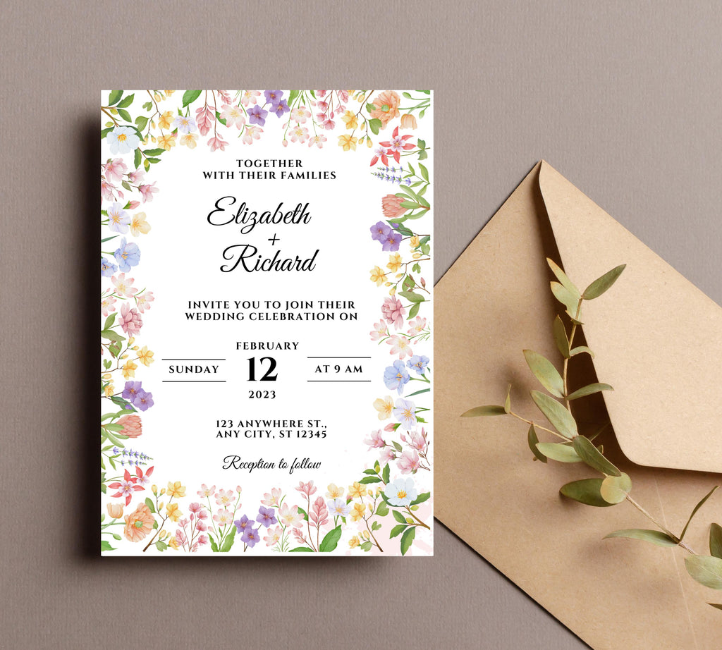 Rustic Wildflower Wedding Invitation, Wildflowers Wedding Invitation Template, Floral Wedding Invitation, Spring Wild Flower Wedding Invite