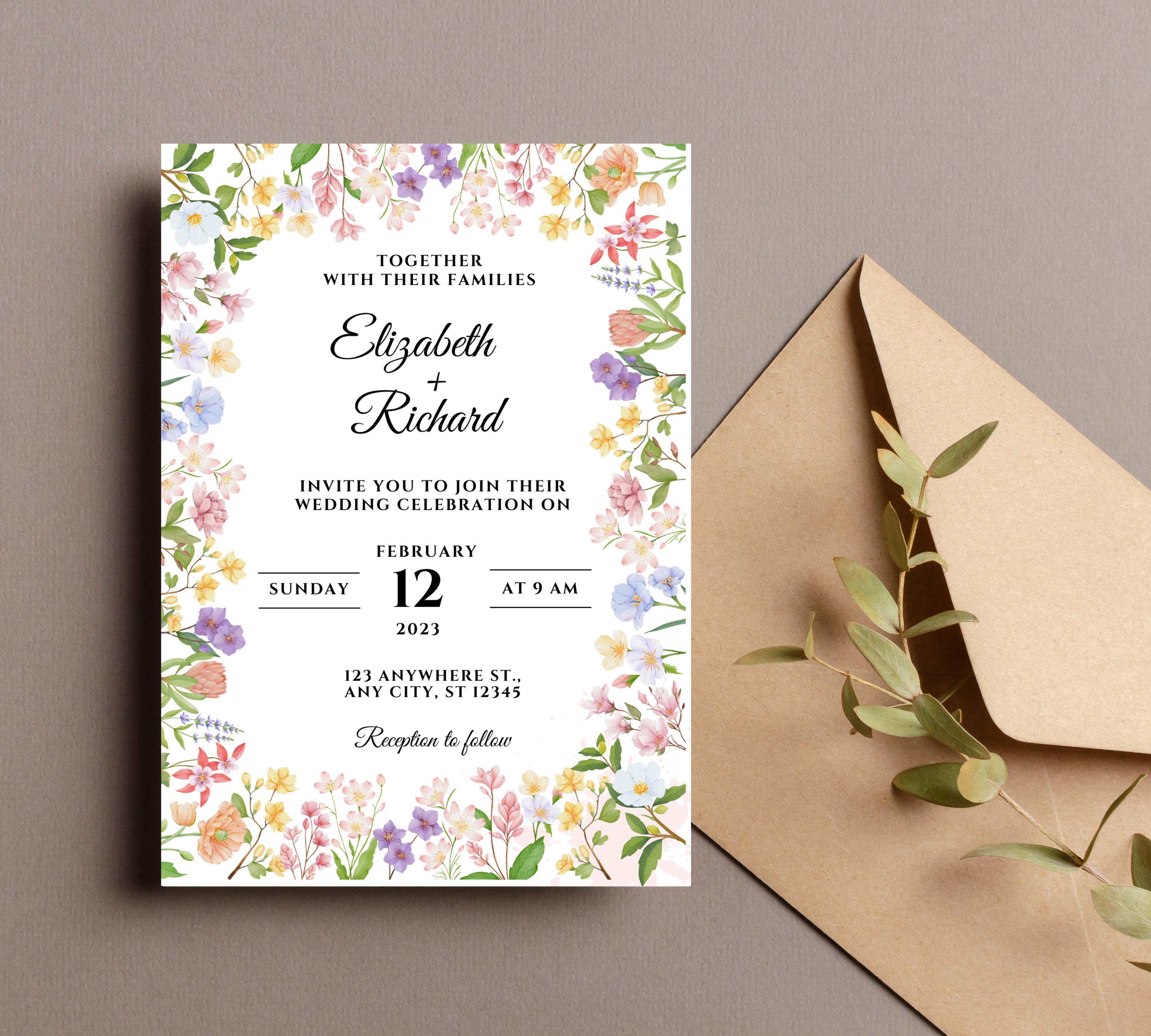 Rustic Wildflower Wedding Invitation, Wildflowers Wedding Invitation Template, Floral Wedding Invitation, Spring Wild Flower Wedding Invite