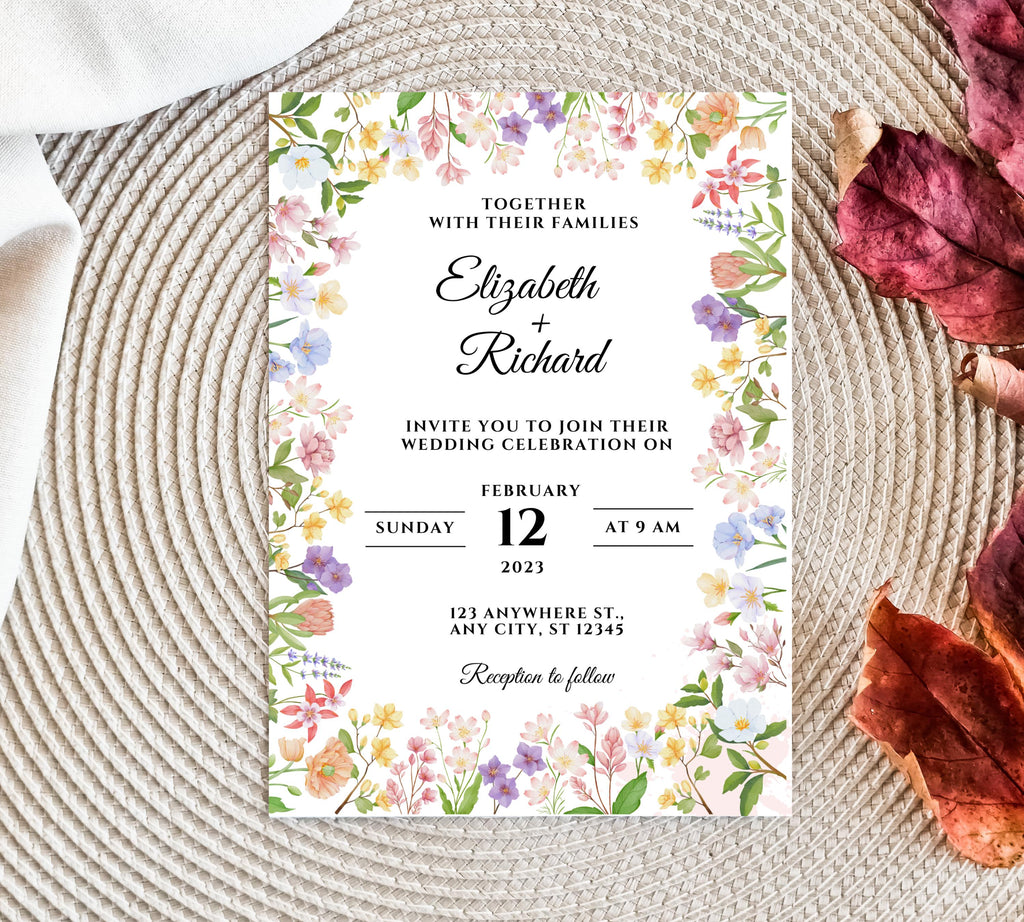 Rustic Wildflower Wedding Invitation, Wildflowers Wedding Invitation Template, Floral Wedding Invitation, Spring Wild Flower Wedding Invite