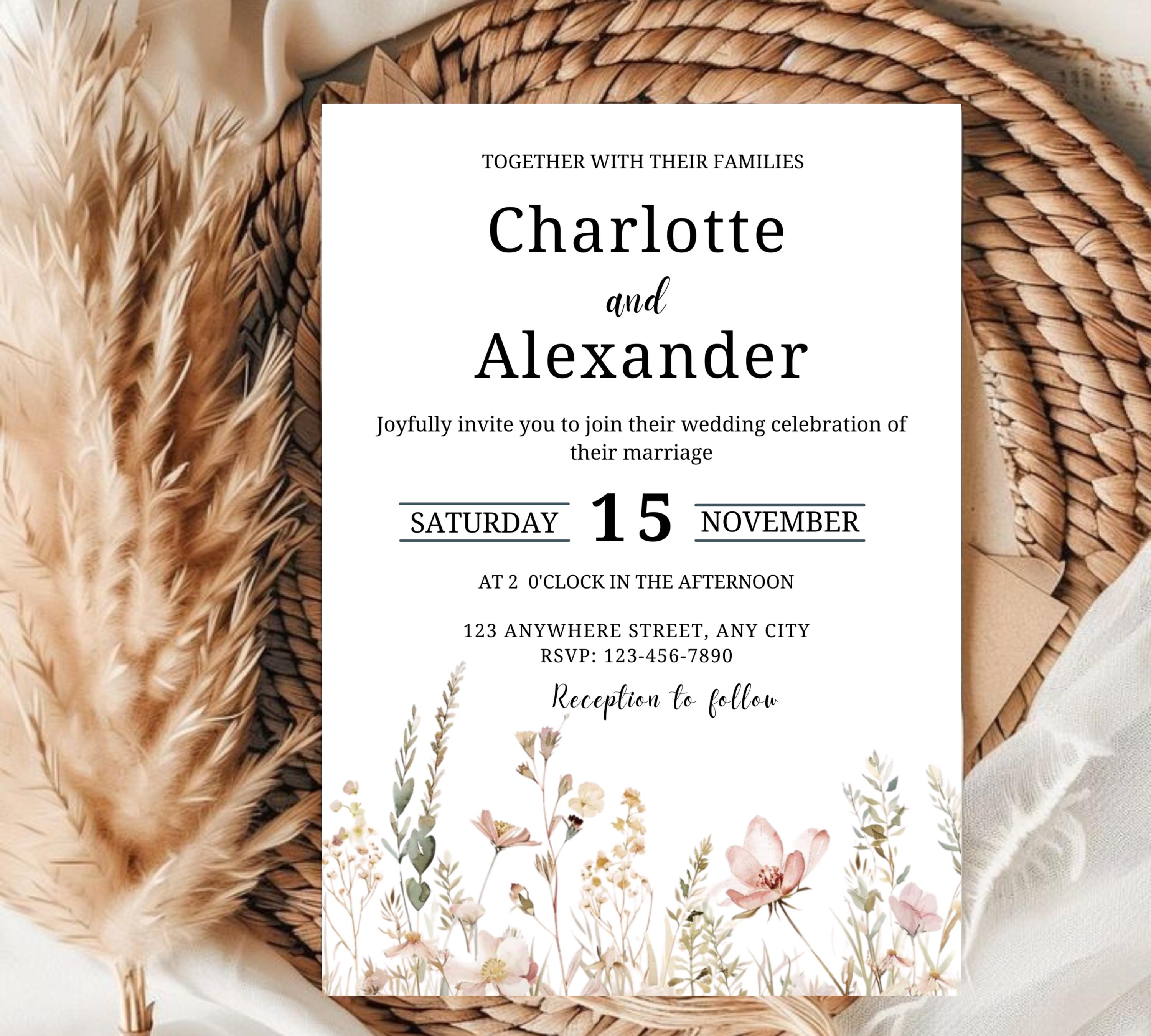 Vintage Botanical Wedding Invitation set, Summer Wildflower Wedding Invitation Set, Whimsical Floral Invitation Suite Template, flora invite