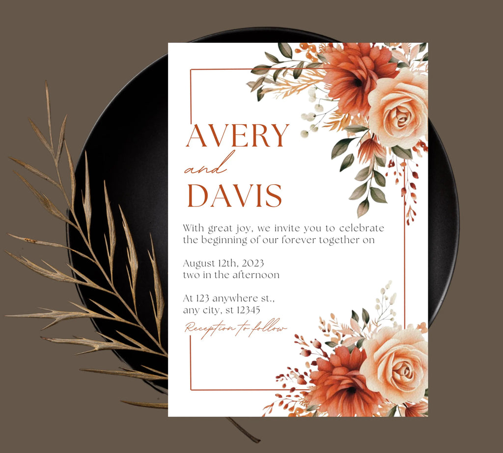 Autumn Floral Wedding Invitation, Fall Wildflower Wedding Invitation Suite, Fall Floral Wedding Invitation, Burnt Orange Rose Wedding Invite