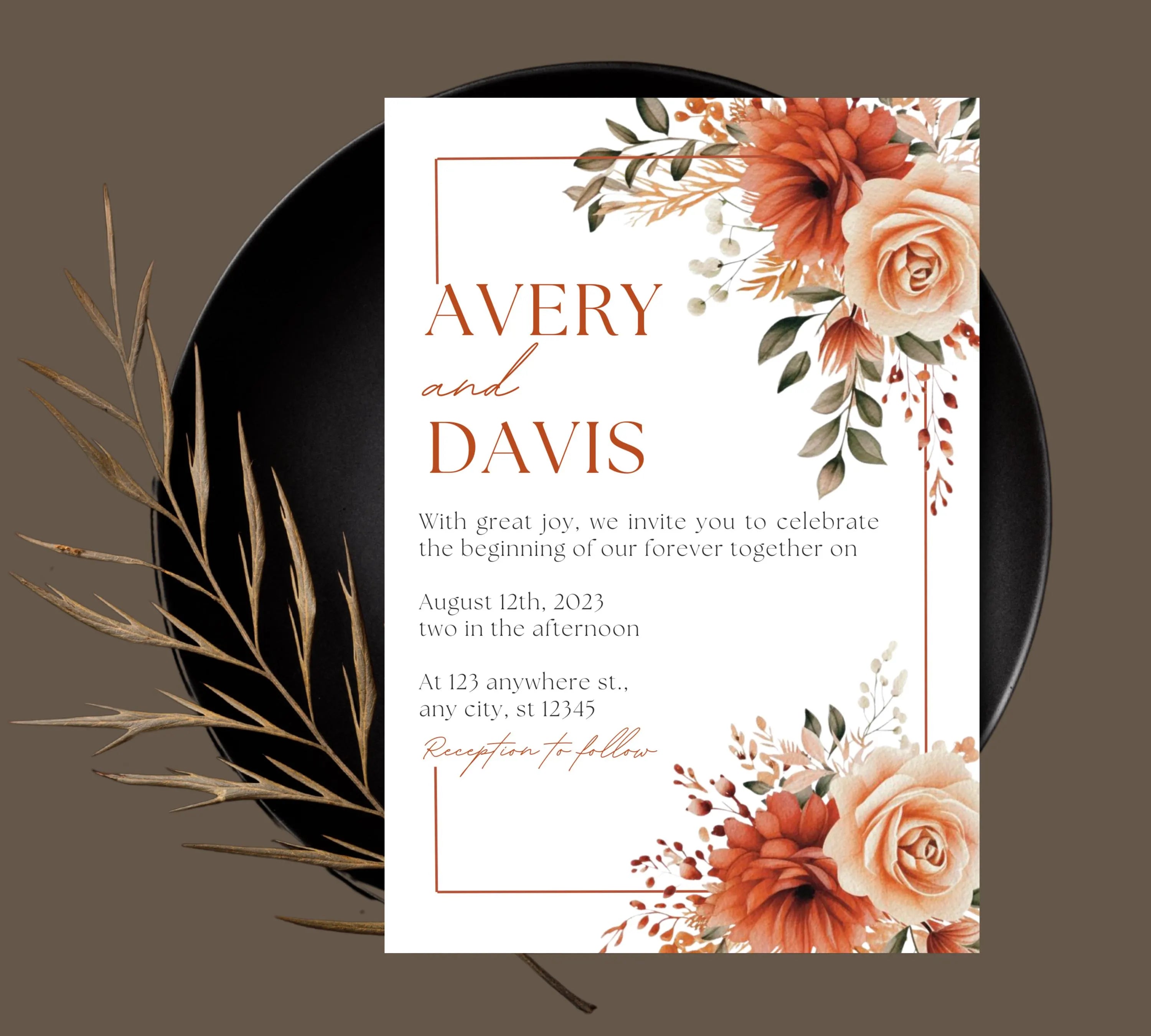 Autumn Floral Wedding Invitation, Fall Wildflower Wedding Invitation Suite, Fall Floral Wedding Invitation, Burnt Orange Rose Wedding Invite