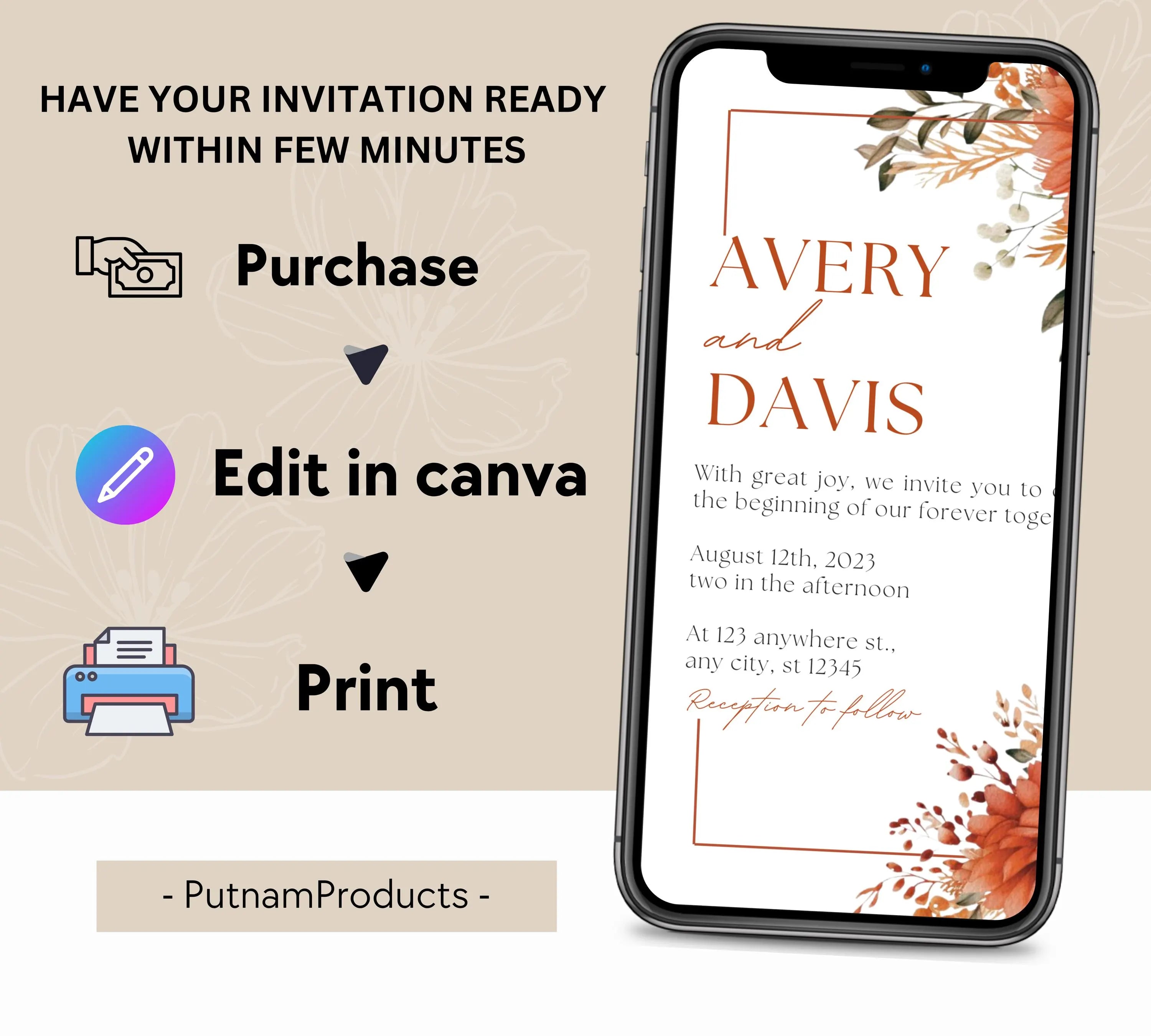 Autumn Floral Wedding Invitation, Fall Wildflower Wedding Invitation Suite, Fall Floral Wedding Invitation, Burnt Orange Rose Wedding Invite