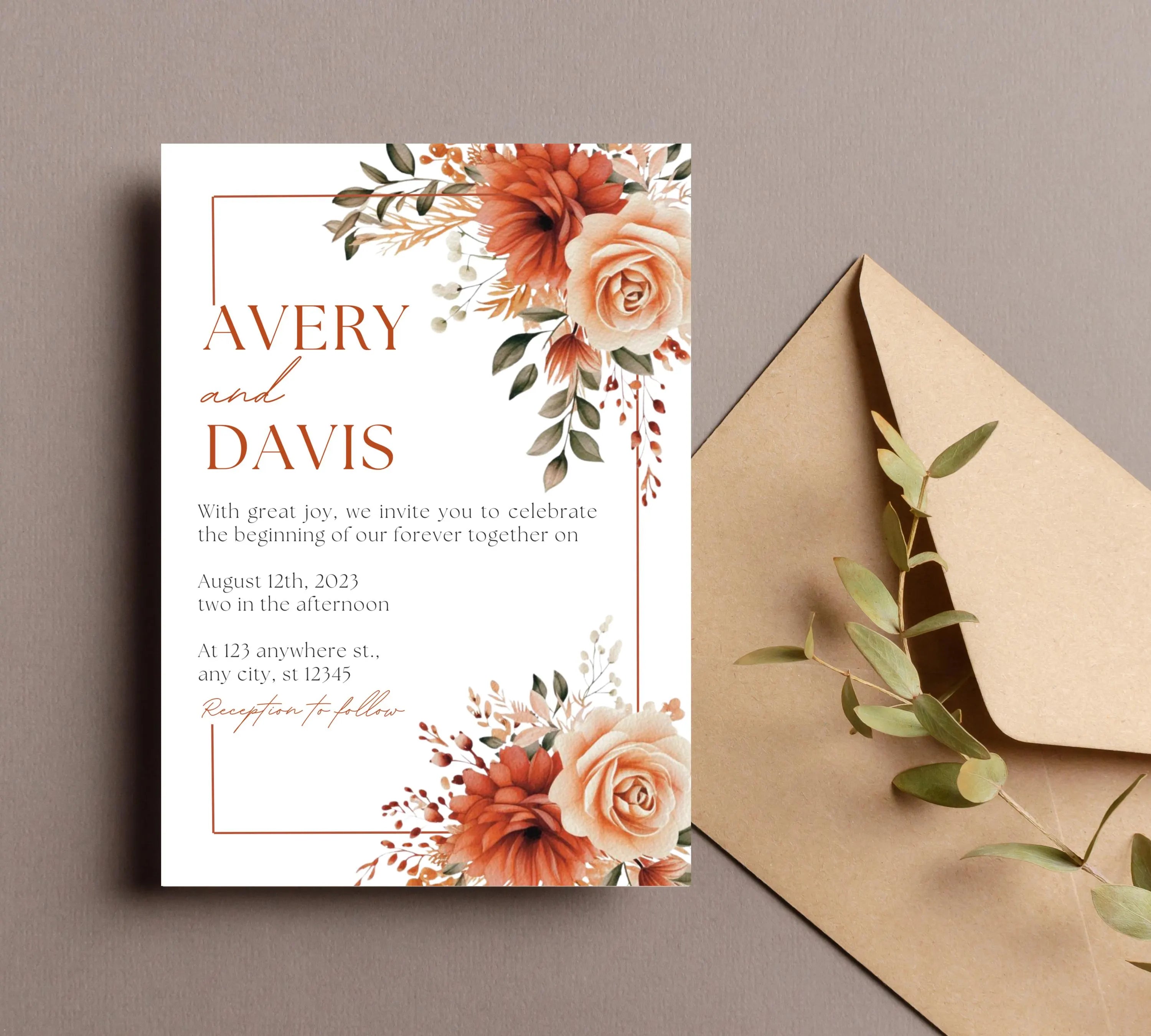 Autumn Floral Wedding Invitation, Fall Wildflower Wedding Invitation Suite, Fall Floral Wedding Invitation, Burnt Orange Rose Wedding Invite