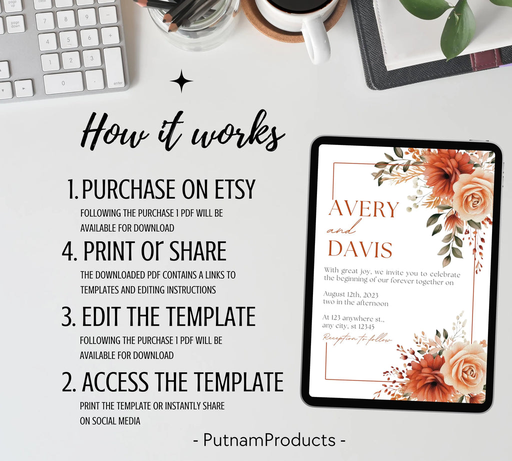 Autumn Floral Wedding Invitation, Fall Wildflower Wedding Invitation Suite, Fall Floral Wedding Invitation, Burnt Orange Rose Wedding Invite