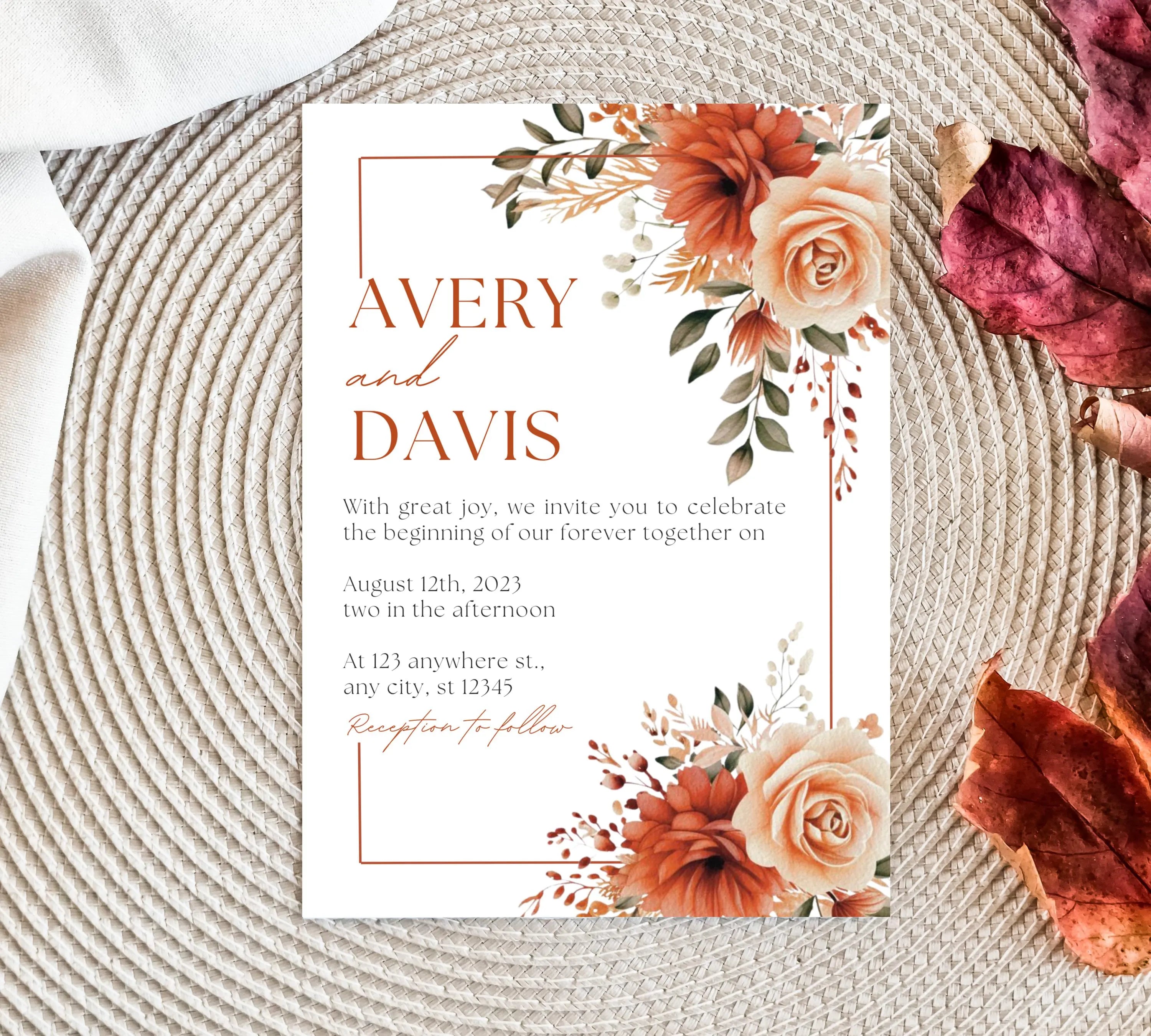 Autumn Floral Wedding Invitation, Fall Wildflower Wedding Invitation Suite, Fall Floral Wedding Invitation, Burnt Orange Rose Wedding Invite