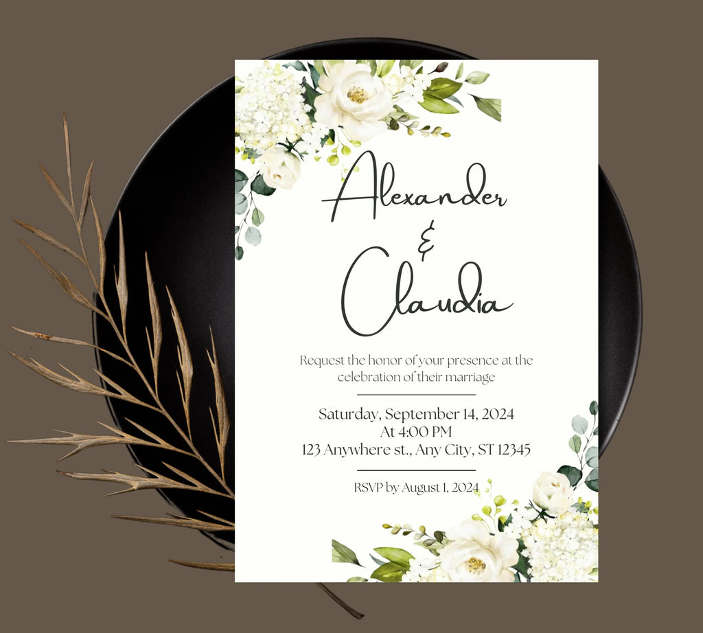 Minimalist Greenery and White Floral Invite, Wildflower Wedding Invitation, Sage Green Boho Wedding Invitation Suite, White and Green Invite