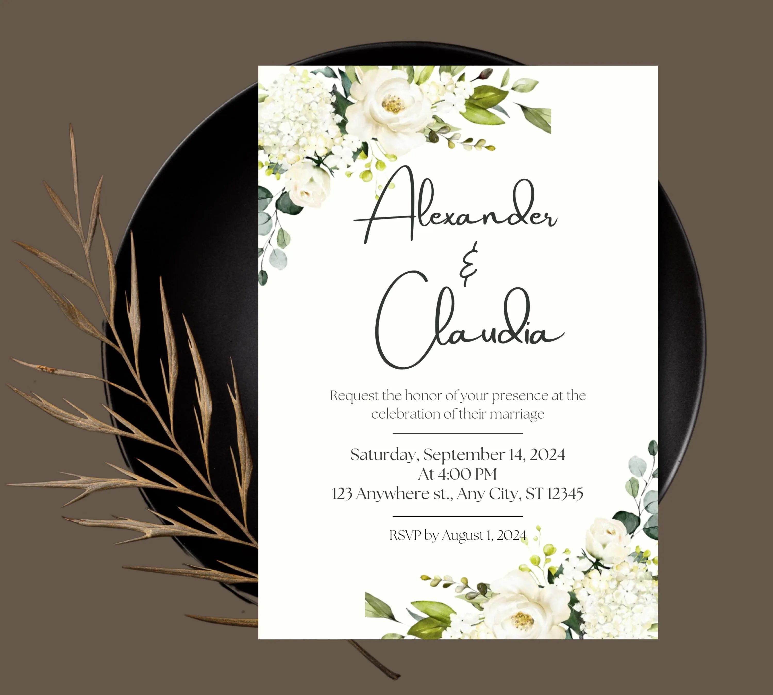 Minimalist Greenery and White Floral Invite, Wildflower Wedding Invitation, Sage Green Boho Wedding Invitation Suite, White and Green Invite