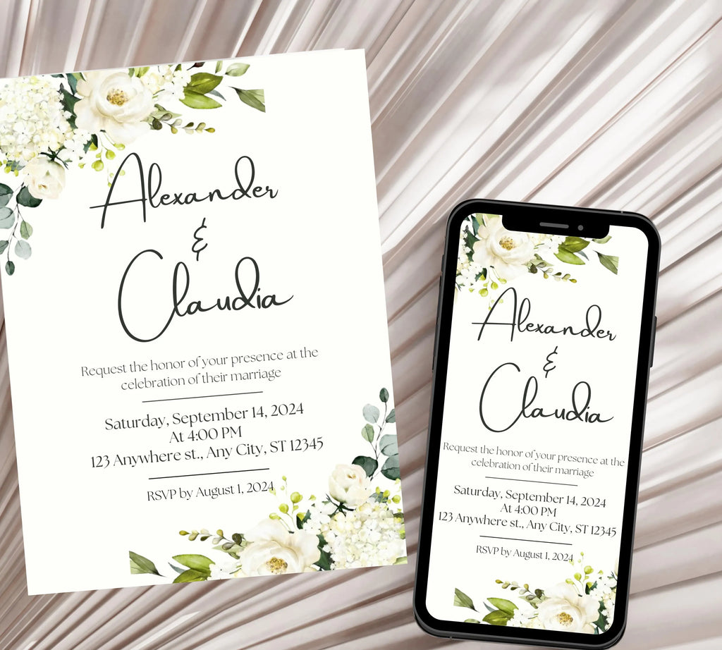 Minimalist Greenery and White Floral Invite, Wildflower Wedding Invitation, Sage Green Boho Wedding Invitation Suite, White and Green Invite