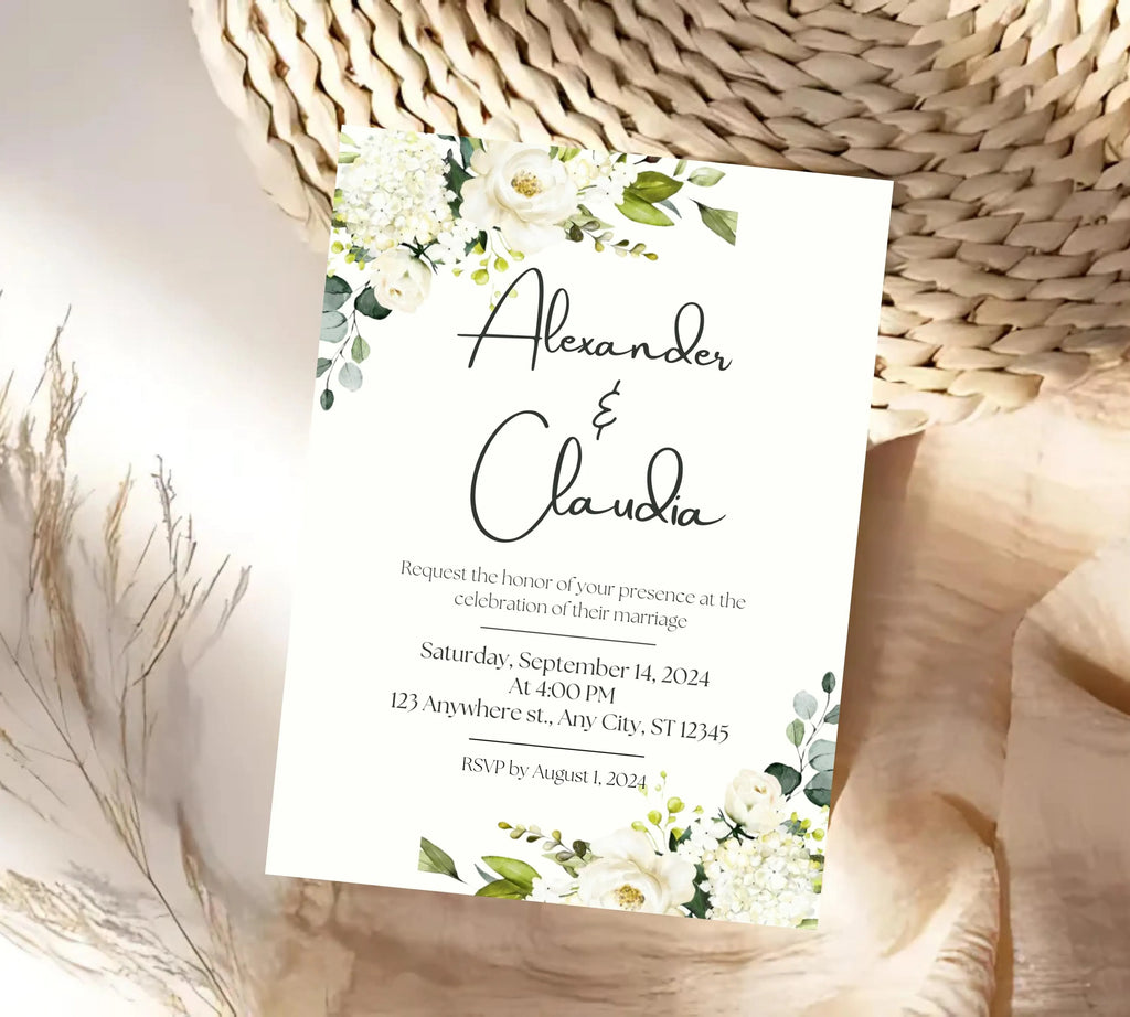 Minimalist Greenery and White Floral Invite, Wildflower Wedding Invitation, Sage Green Boho Wedding Invitation Suite, White and Green Invite