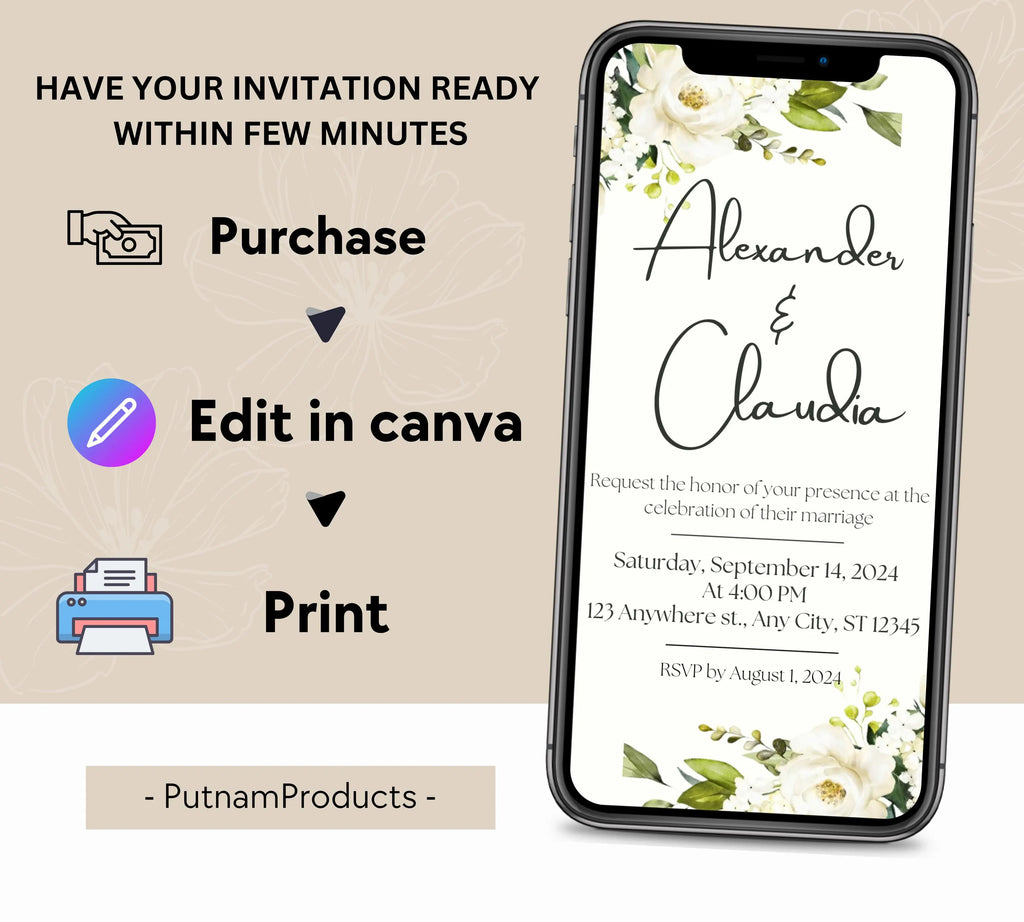 Minimalist Greenery and White Floral Invite, Wildflower Wedding Invitation, Sage Green Boho Wedding Invitation Suite, White and Green Invite