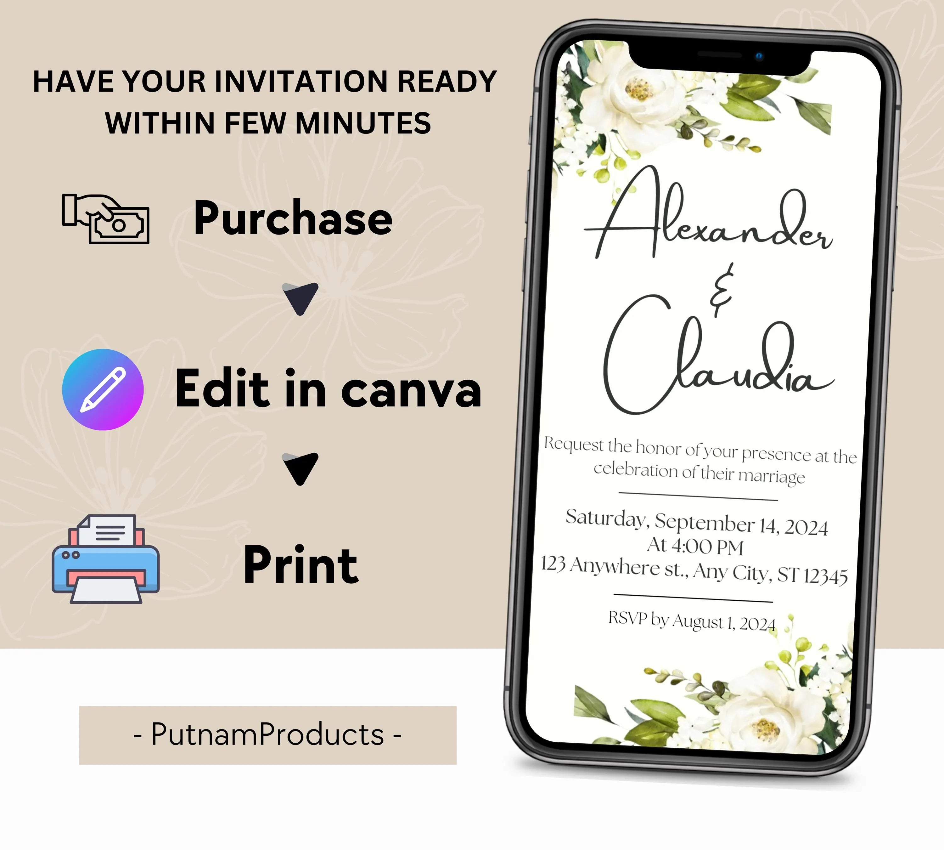 Minimalist Greenery and White Floral Invite, Wildflower Wedding Invitation, Sage Green Boho Wedding Invitation Suite, White and Green Invite