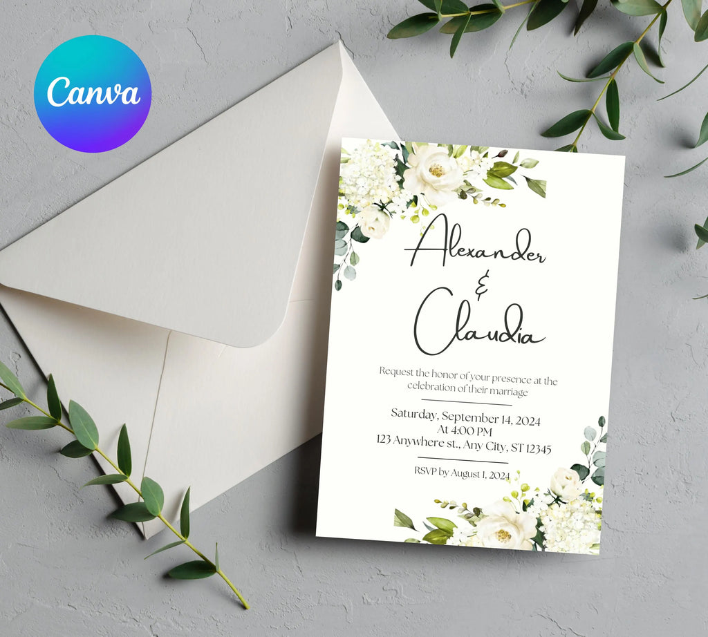 Minimalist Greenery and White Floral Invite, Wildflower Wedding Invitation, Sage Green Boho Wedding Invitation Suite, White and Green Invite