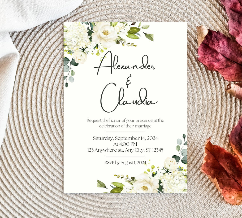 Minimalist Greenery and White Floral Invite, Wildflower Wedding Invitation, Sage Green Boho Wedding Invitation Suite, White and Green Invite