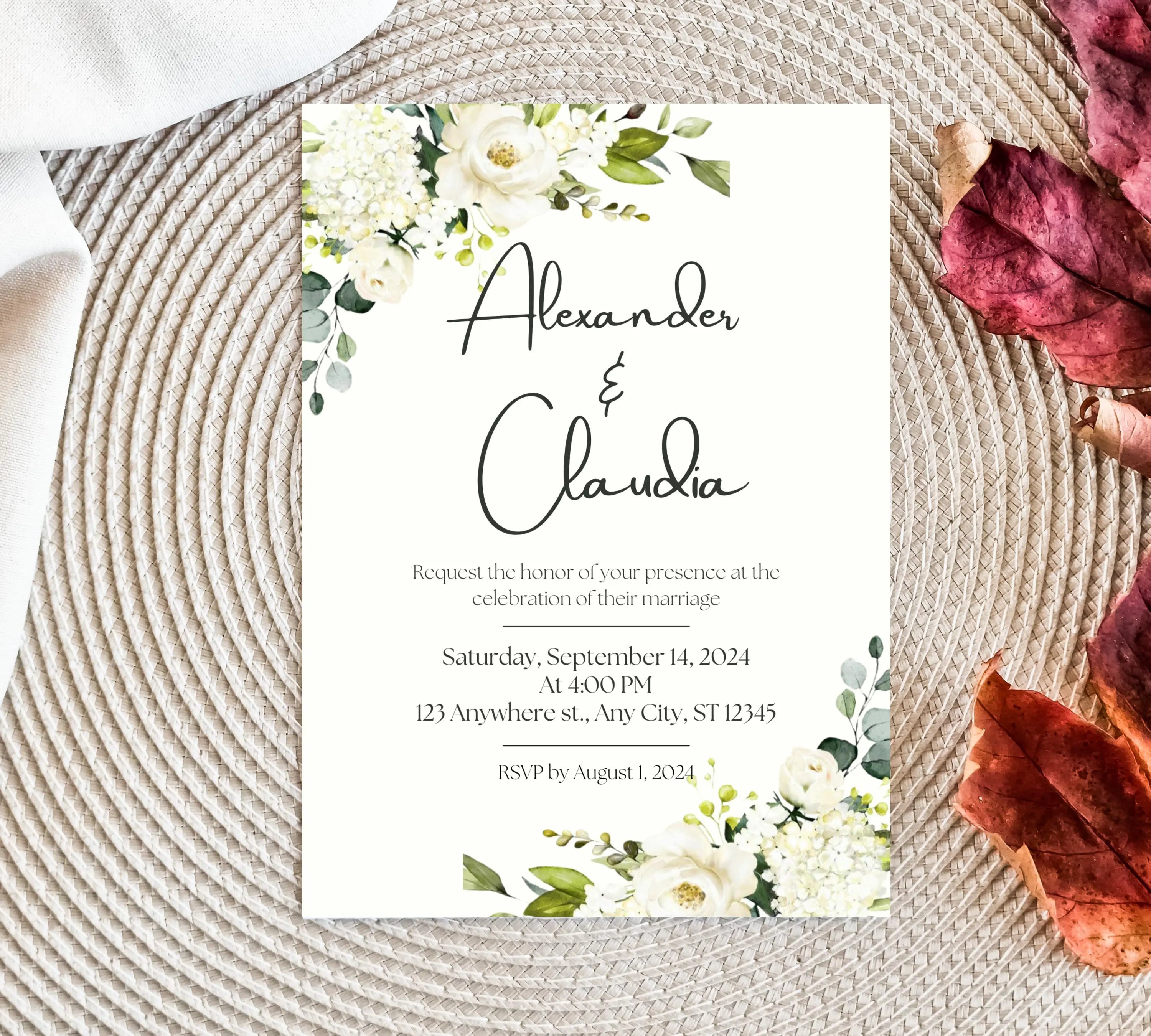 Minimalist Greenery and White Floral Invite, Wildflower Wedding Invitation, Sage Green Boho Wedding Invitation Suite, White and Green Invite