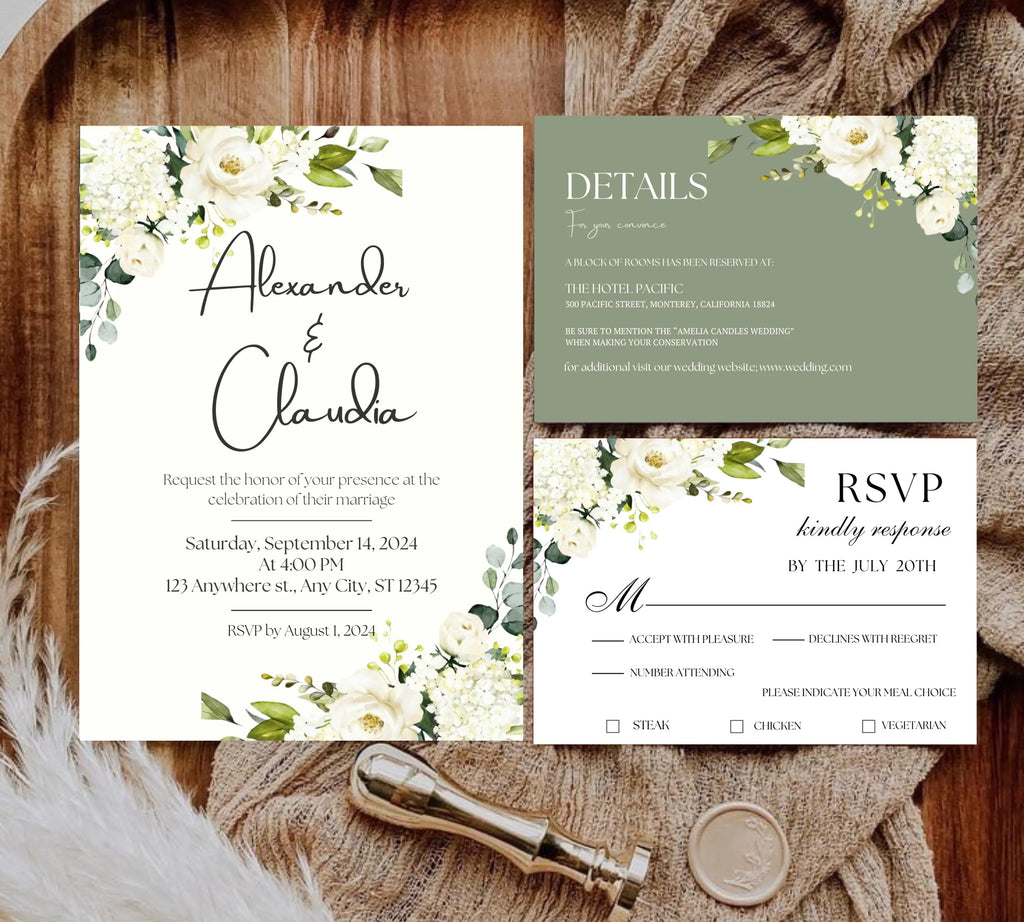 Minimalist Greenery and White Floral Invite, Wildflower Wedding Invitation, Sage Green Boho Wedding Invitation Suite, White and Green Invite
