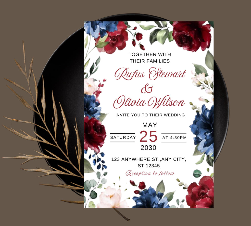Navy Blue and Red Burgundy Floral Wedding Invitation Template Set with RSVP Card and Details Card, Sage Marsala Floral Details Card