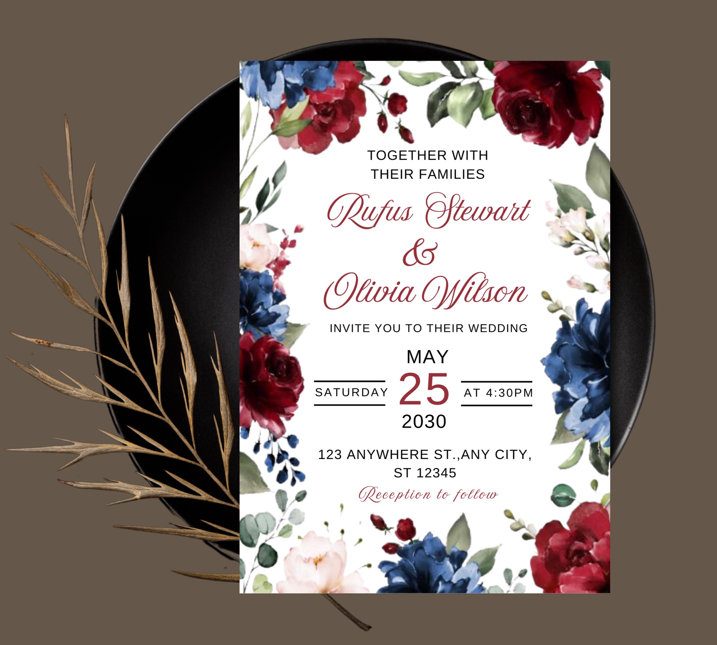 Navy Blue and Red Burgundy Floral Wedding Invitation Template Set with RSVP Card and Details Card, Sage Marsala Floral Details Card