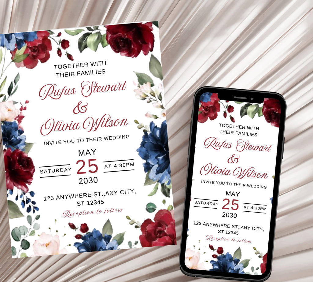 Navy Blue and Red Burgundy Floral Wedding Invitation Template Set with RSVP Card and Details Card, Sage Marsala Floral Details Card