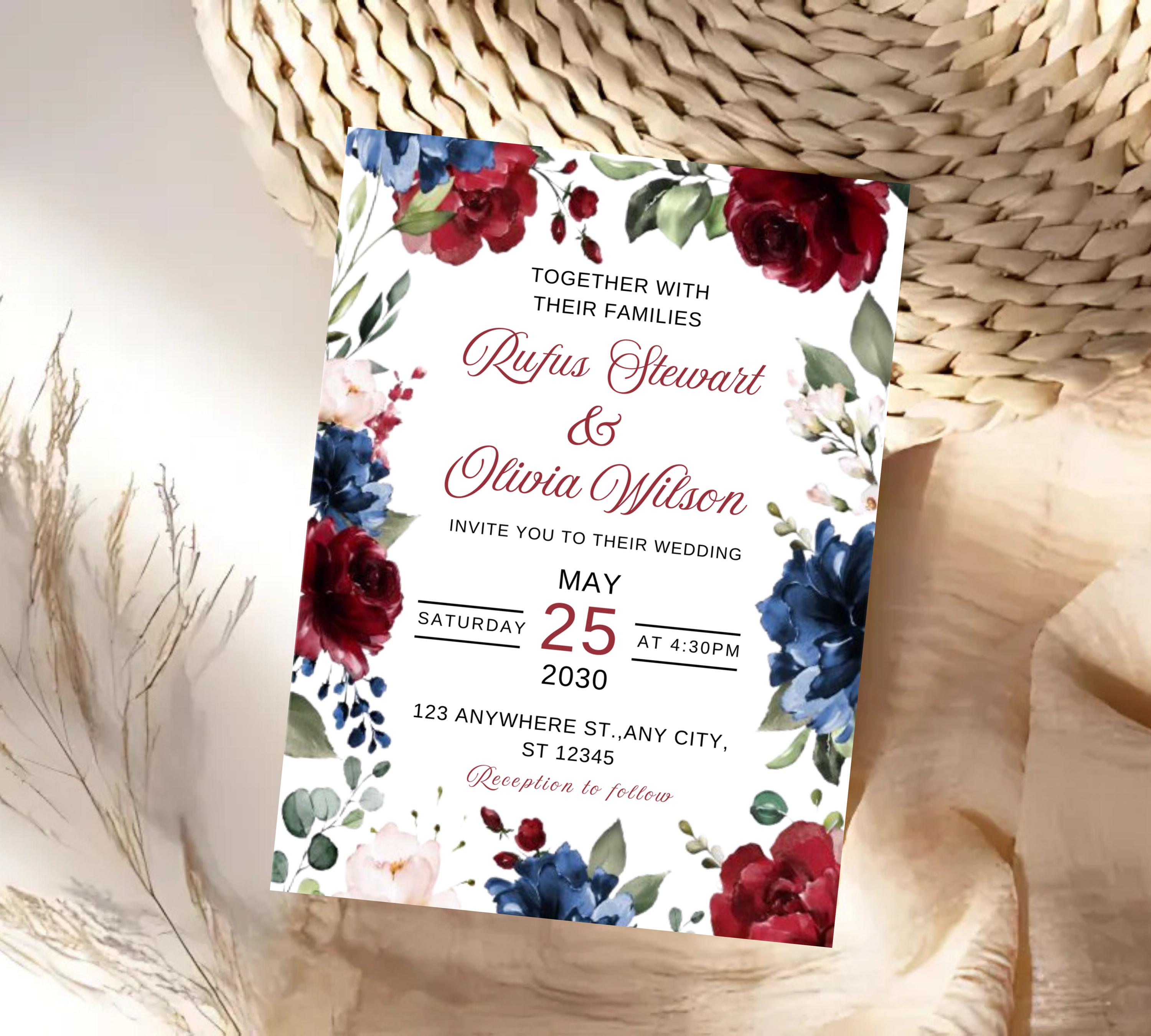 Navy Blue and Red Burgundy Floral Wedding Invitation Template Set with RSVP Card and Details Card, Sage Marsala Floral Details Card