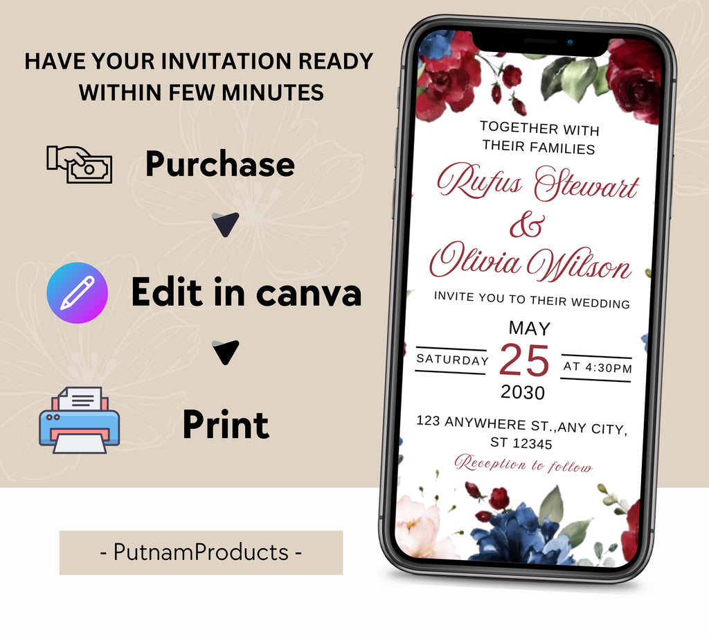 Navy Blue and Red Burgundy Floral Wedding Invitation Template Set with RSVP Card and Details Card, Sage Marsala Floral Details Card