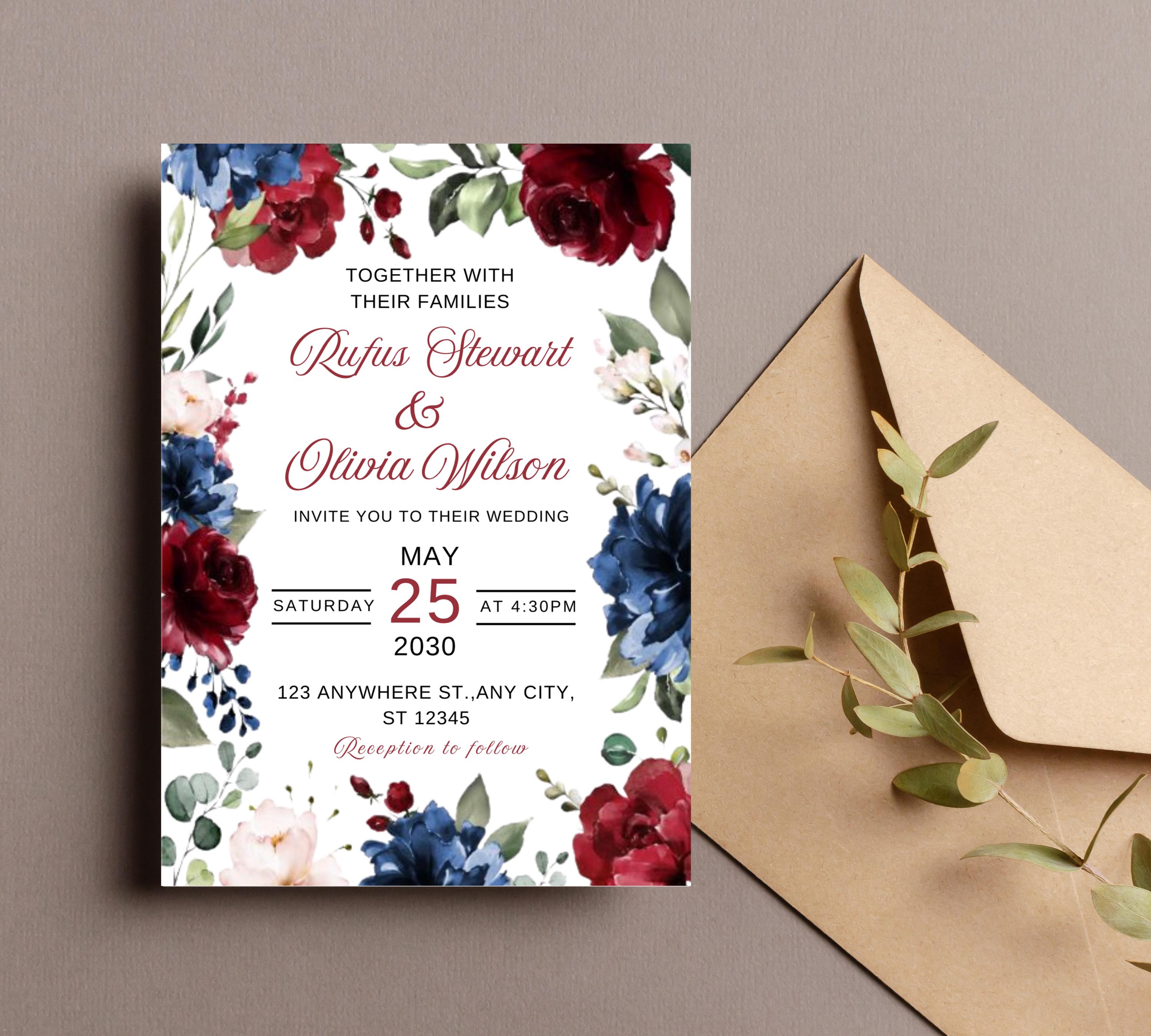 Navy Blue and Red Burgundy Floral Wedding Invitation Template Set with RSVP Card and Details Card, Sage Marsala Floral Details Card