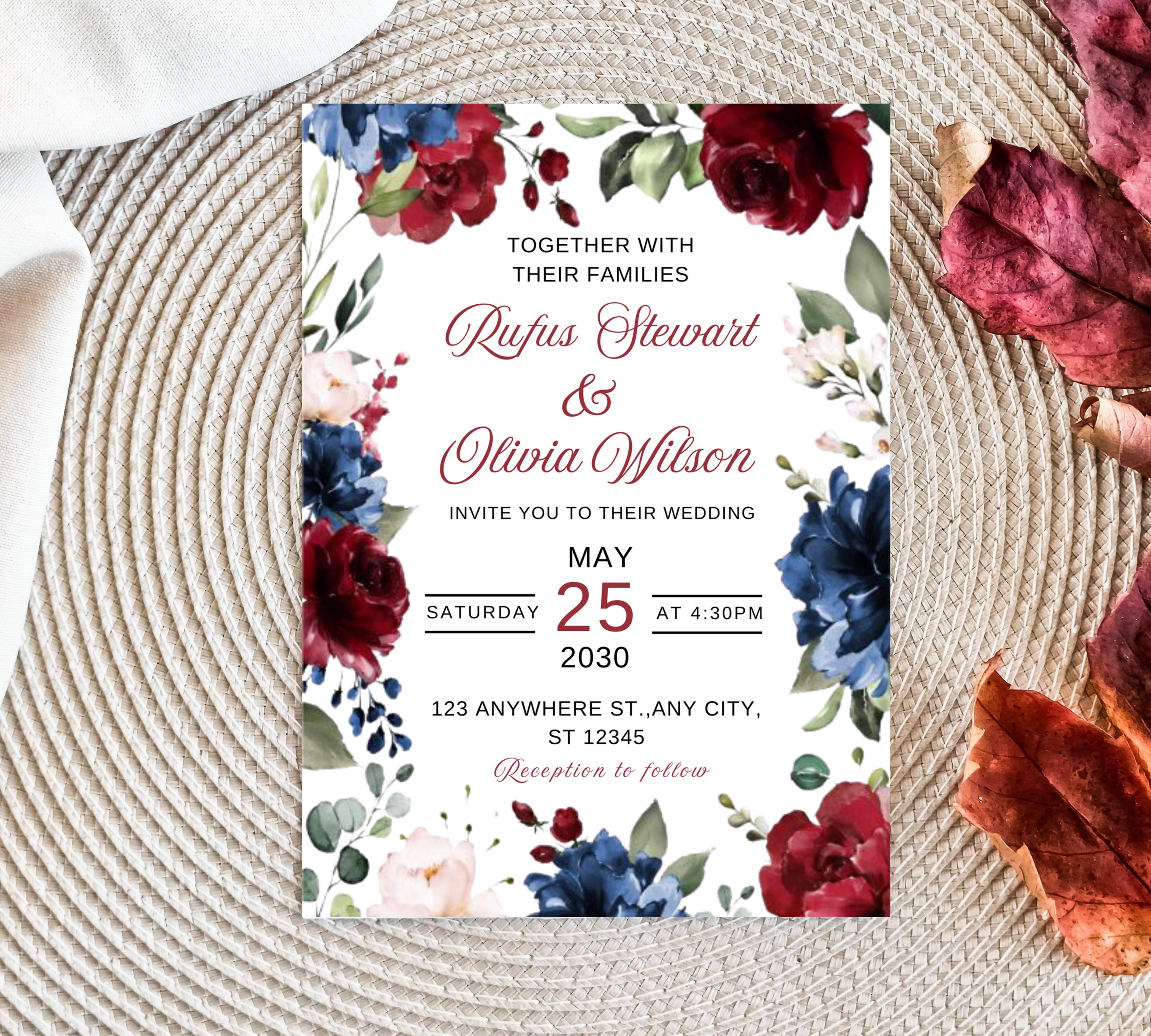 Navy Blue and Red Burgundy Floral Wedding Invitation Template Set with RSVP Card and Details Card, Sage Marsala Floral Details Card