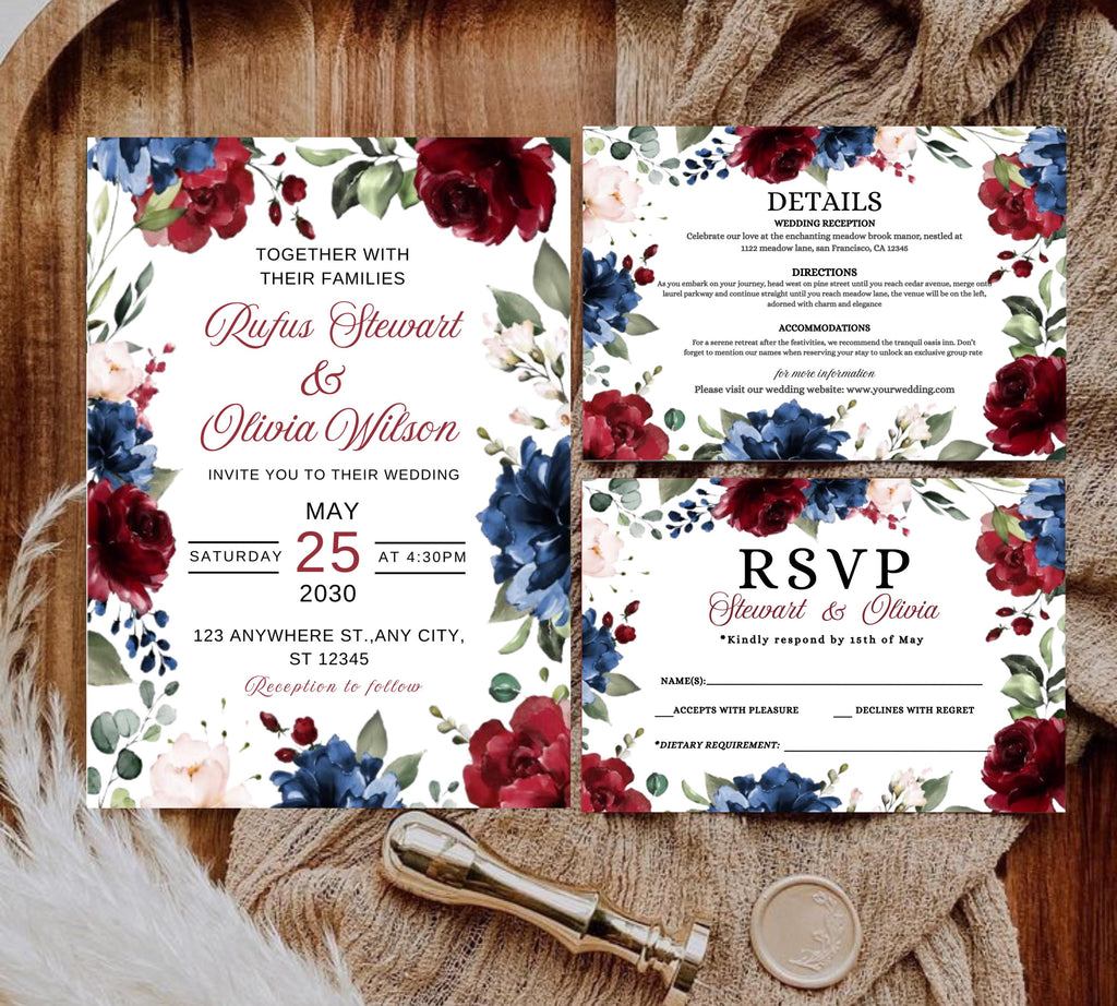 Navy Blue and Red Burgundy Floral Wedding Invitation Template Set with RSVP Card and Details Card, Sage Marsala Floral Details Card