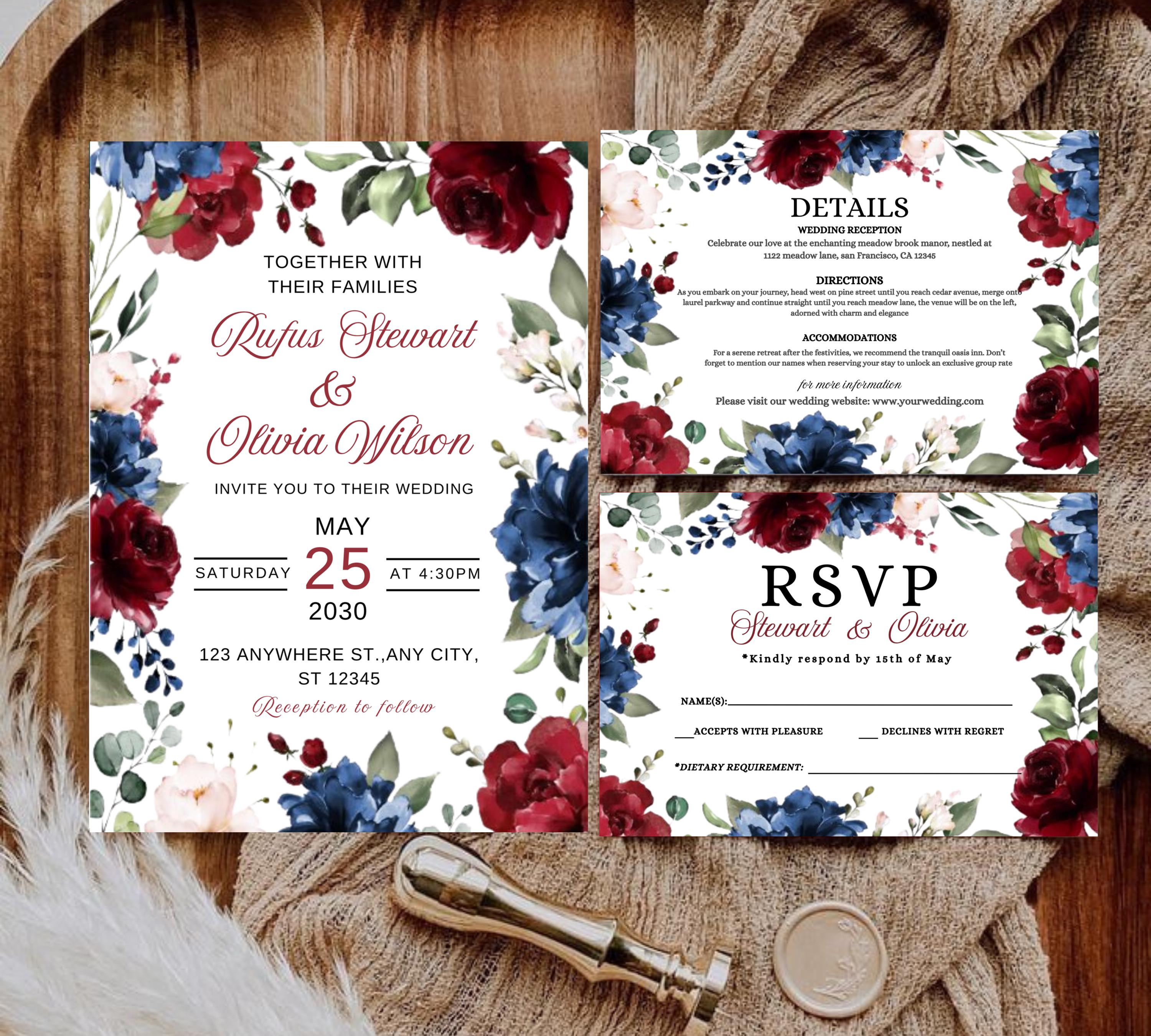 Navy Blue and Red Burgundy Floral Wedding Invitation Template Set with RSVP Card and Details Card, Sage Marsala Floral Details Card