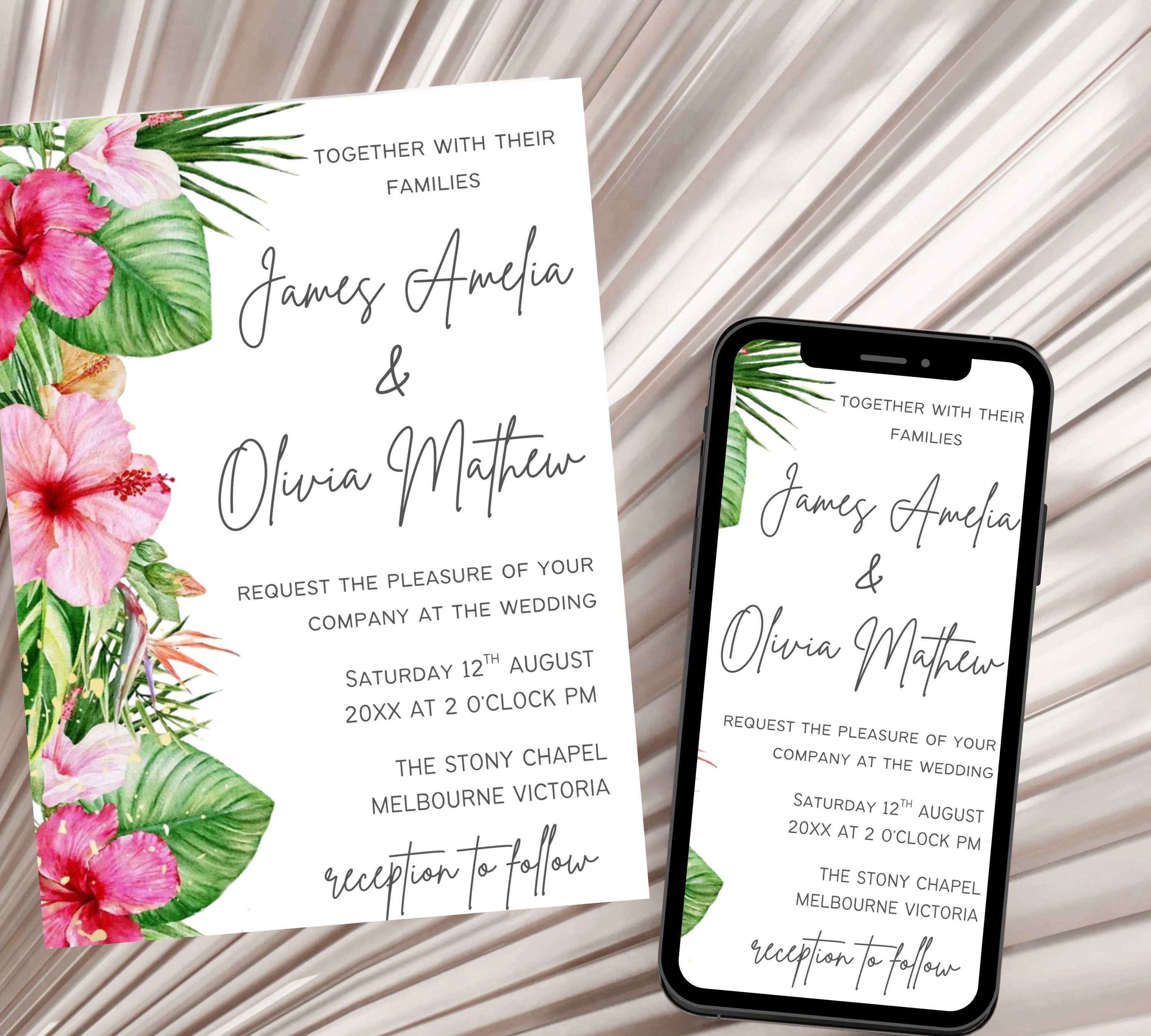 Editable tropical Floral Wedding Invitation, Set Watercolor Hawaii Beach Boho Invite, Tropical Floral, DIY Wedding Invitation