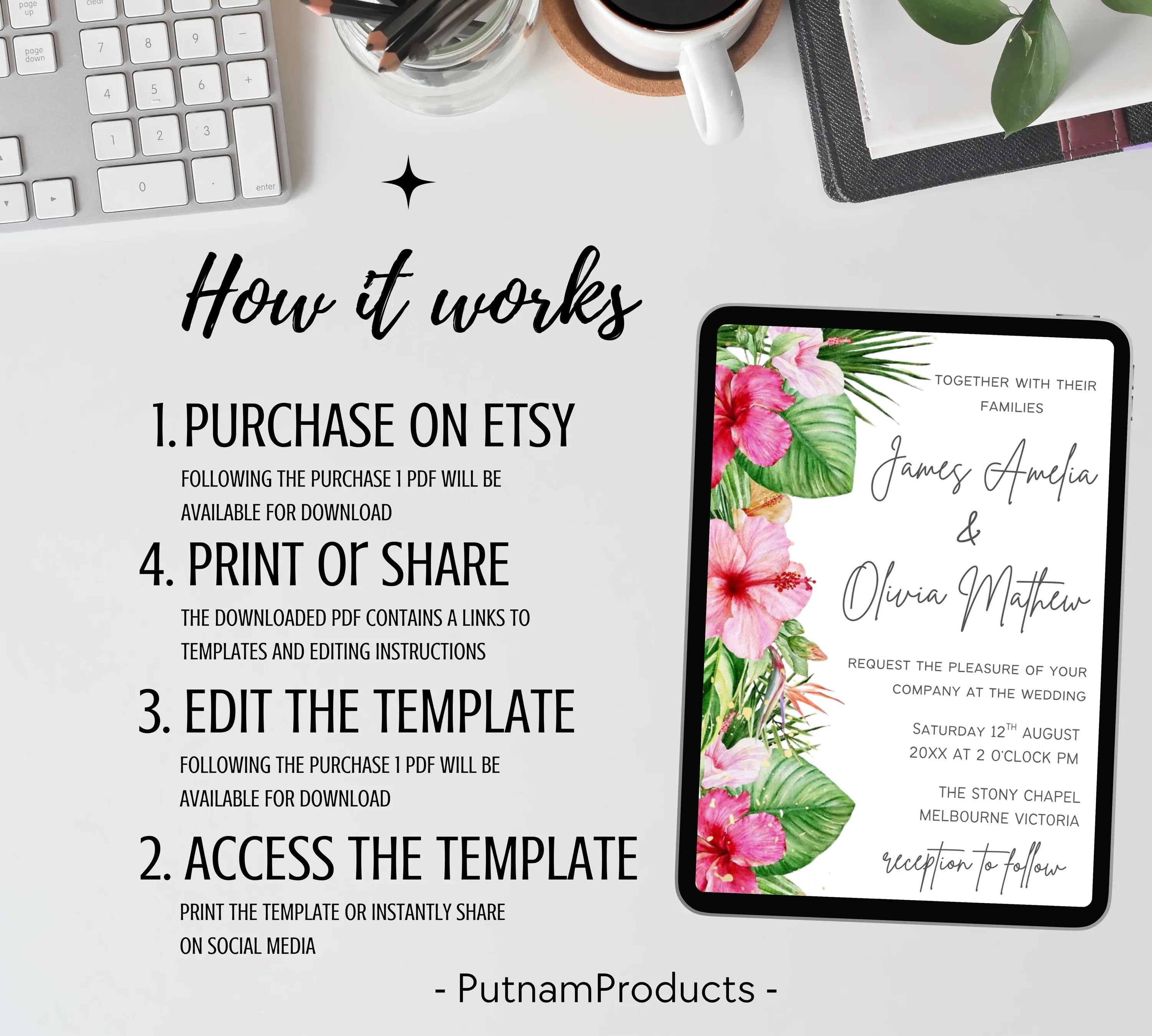 Editable tropical Floral Wedding Invitation, Set Watercolor Hawaii Beach Boho Invite, Tropical Floral, DIY Wedding Invitation