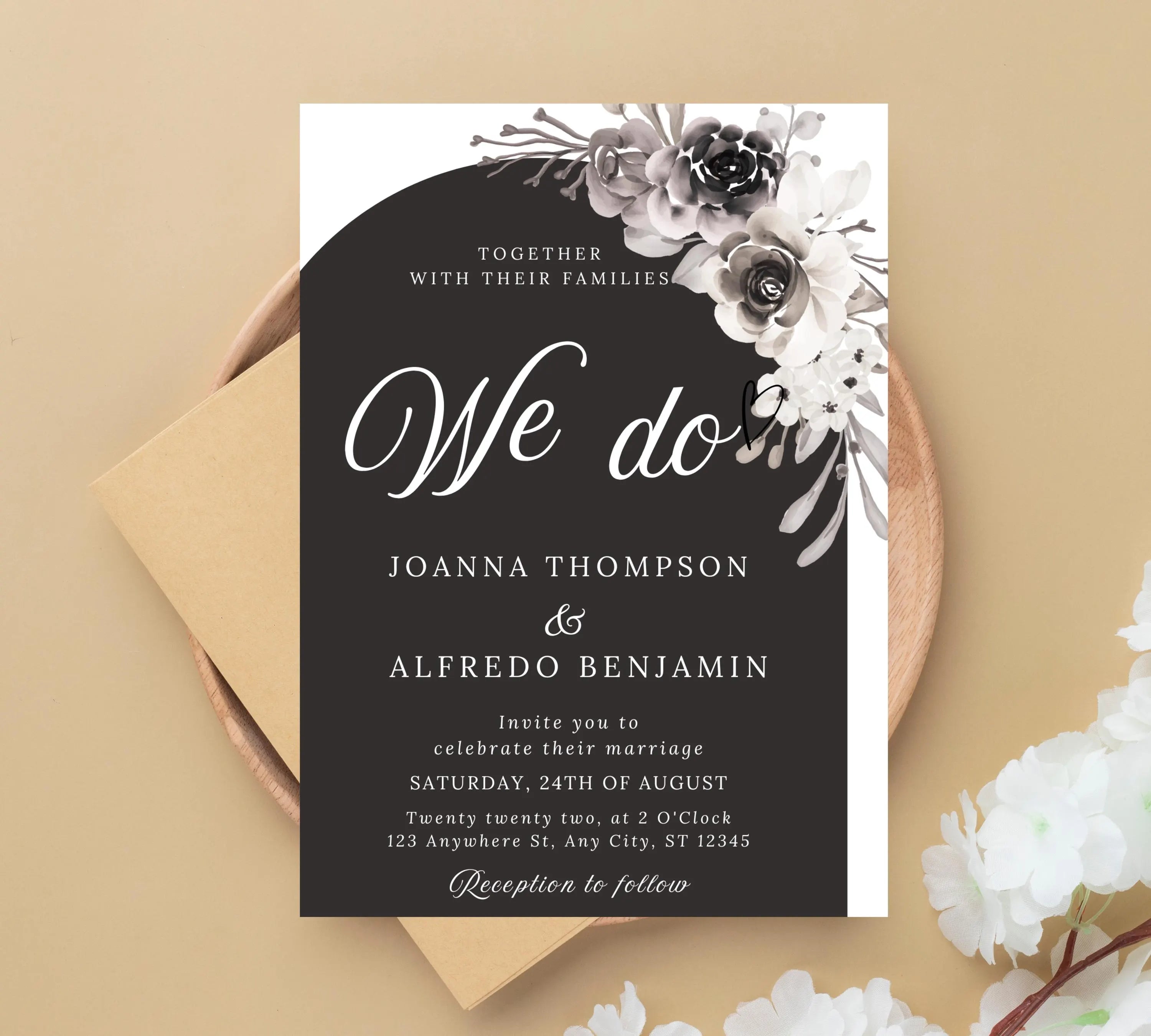 Editable Modern Floral Arch Wedding Invite, Black & White Floral Arch Wedding Invitation, Elegant Minimalist Peonies Invite