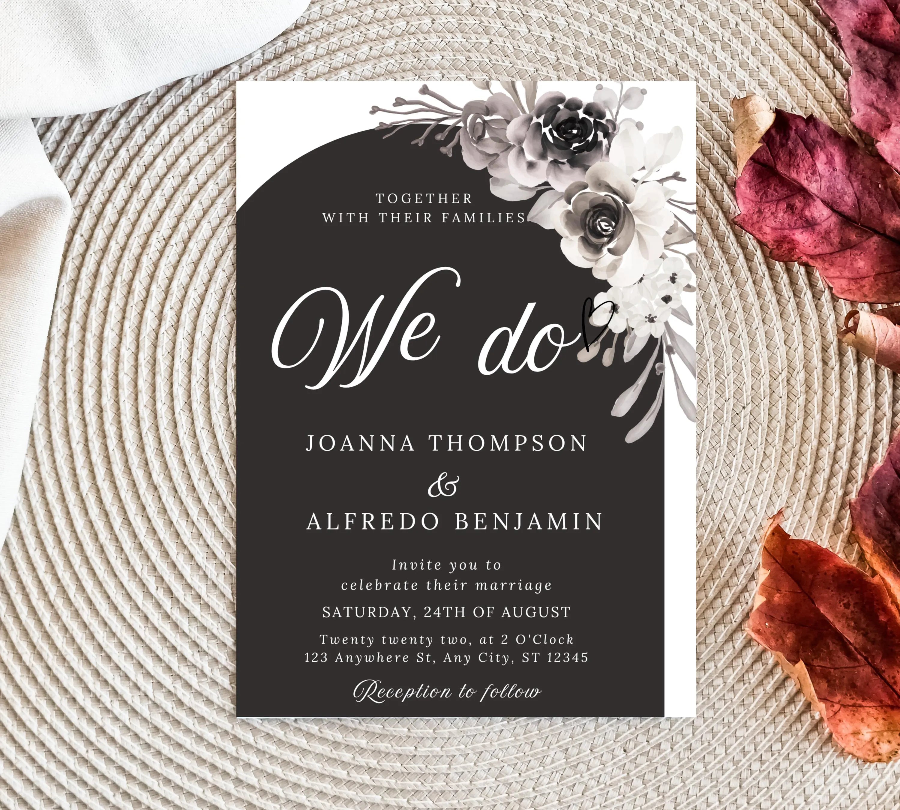 Editable Modern Floral Arch Wedding Invite, Black & White Floral Arch Wedding Invitation, Elegant Minimalist Peonies Invite