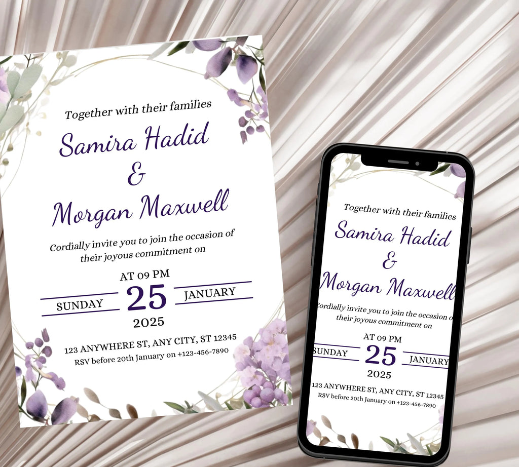 Editable Lavender Lilac Wedding Invitation Template, Floral Boho Invites Suite, Elegant Purple Flowers Garden Wedding Invitation