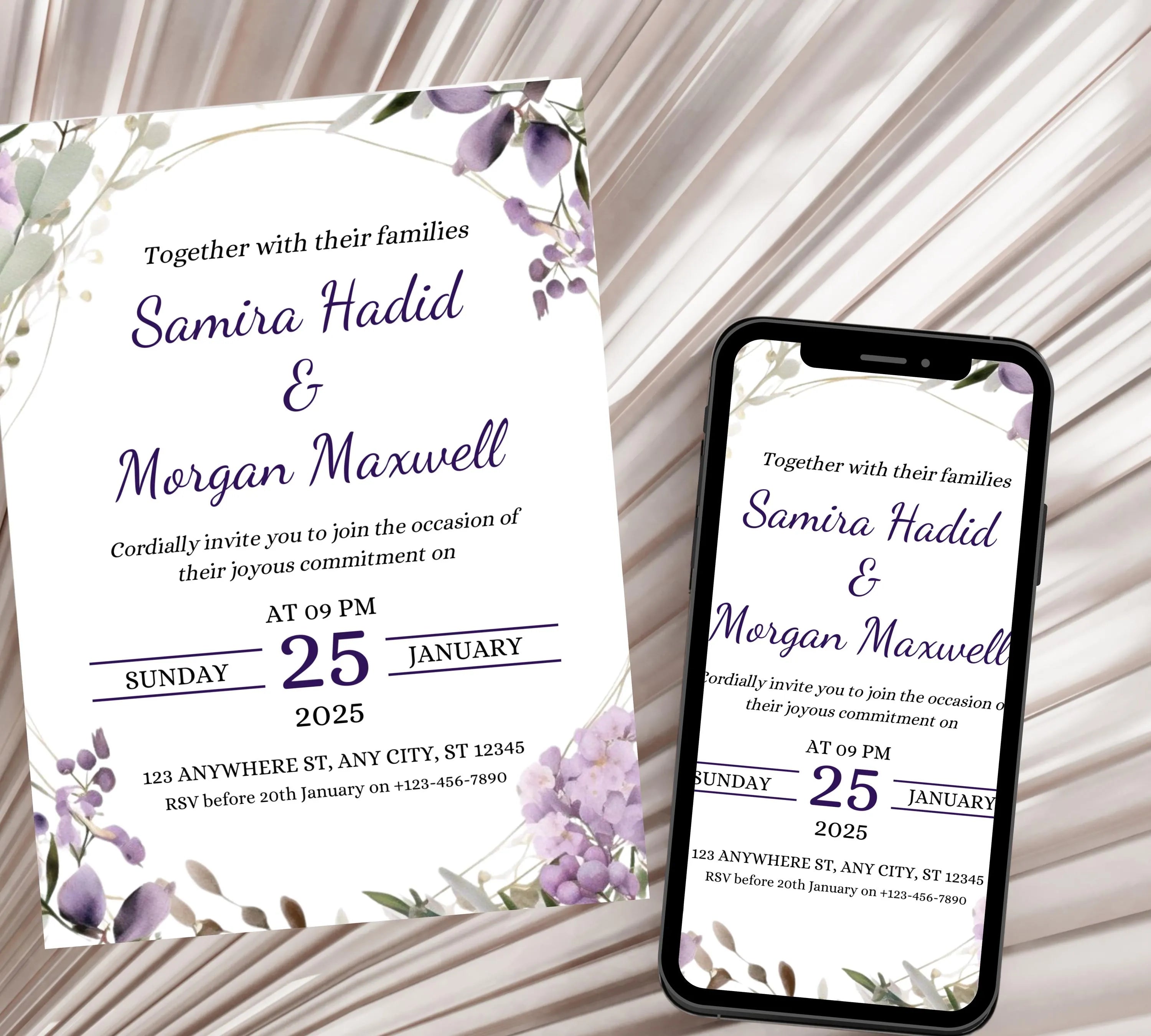 Editable Lavender Lilac Wedding Invitation Template, Floral Boho Invites Suite, Elegant Purple Flowers Garden Wedding Invitation