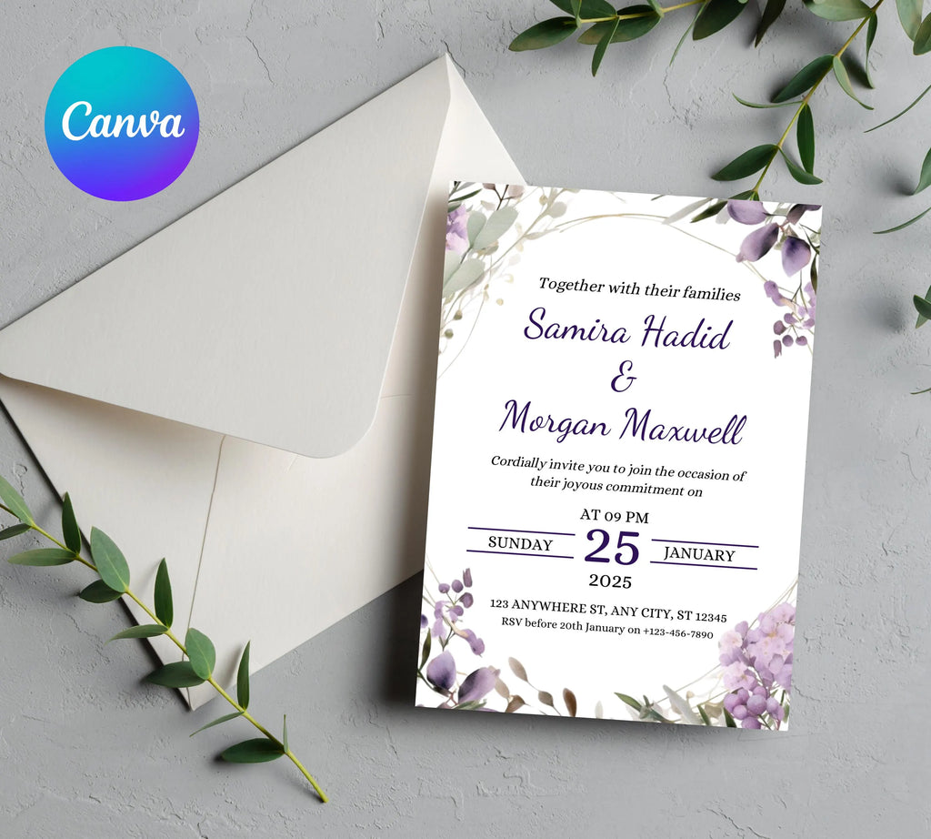 Editable Lavender Lilac Wedding Invitation Template, Floral Boho Invites Suite, Elegant Purple Flowers Garden Wedding Invitation