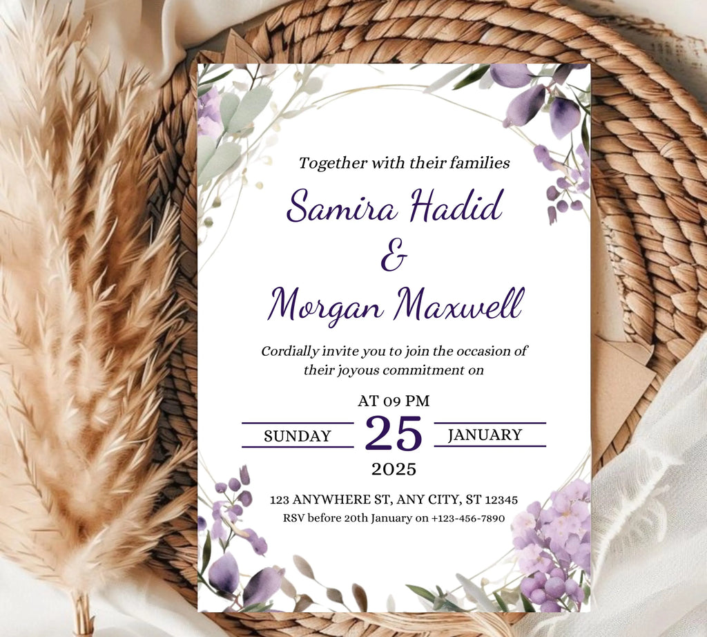 Editable Lavender Lilac Wedding Invitation Template, Floral Boho Invites Suite, Elegant Purple Flowers Garden Wedding Invitation