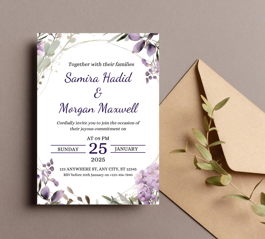 Editable Lavender Lilac Wedding Invitation Template, Floral Boho Invites Suite, Elegant Purple Flowers Garden Wedding Invitation