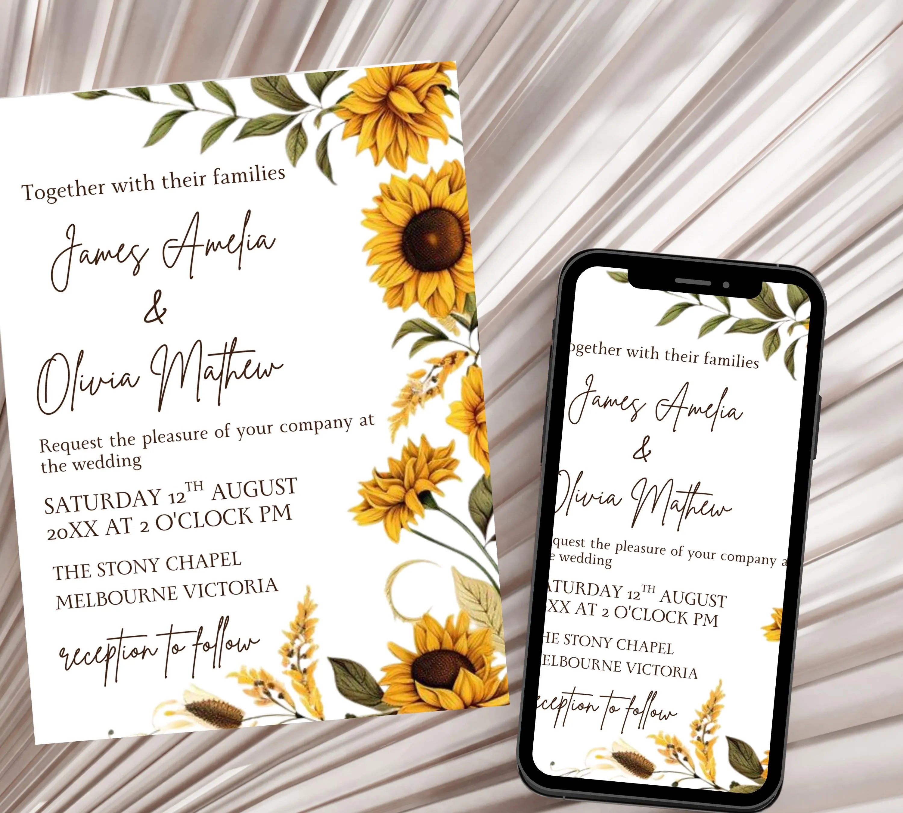 Sunflower Country Wedding Invitation Template Set, Sunflower Wedding Invitation, Rustic Wedding Invitation Suite, Sage Yellow Floral Invite