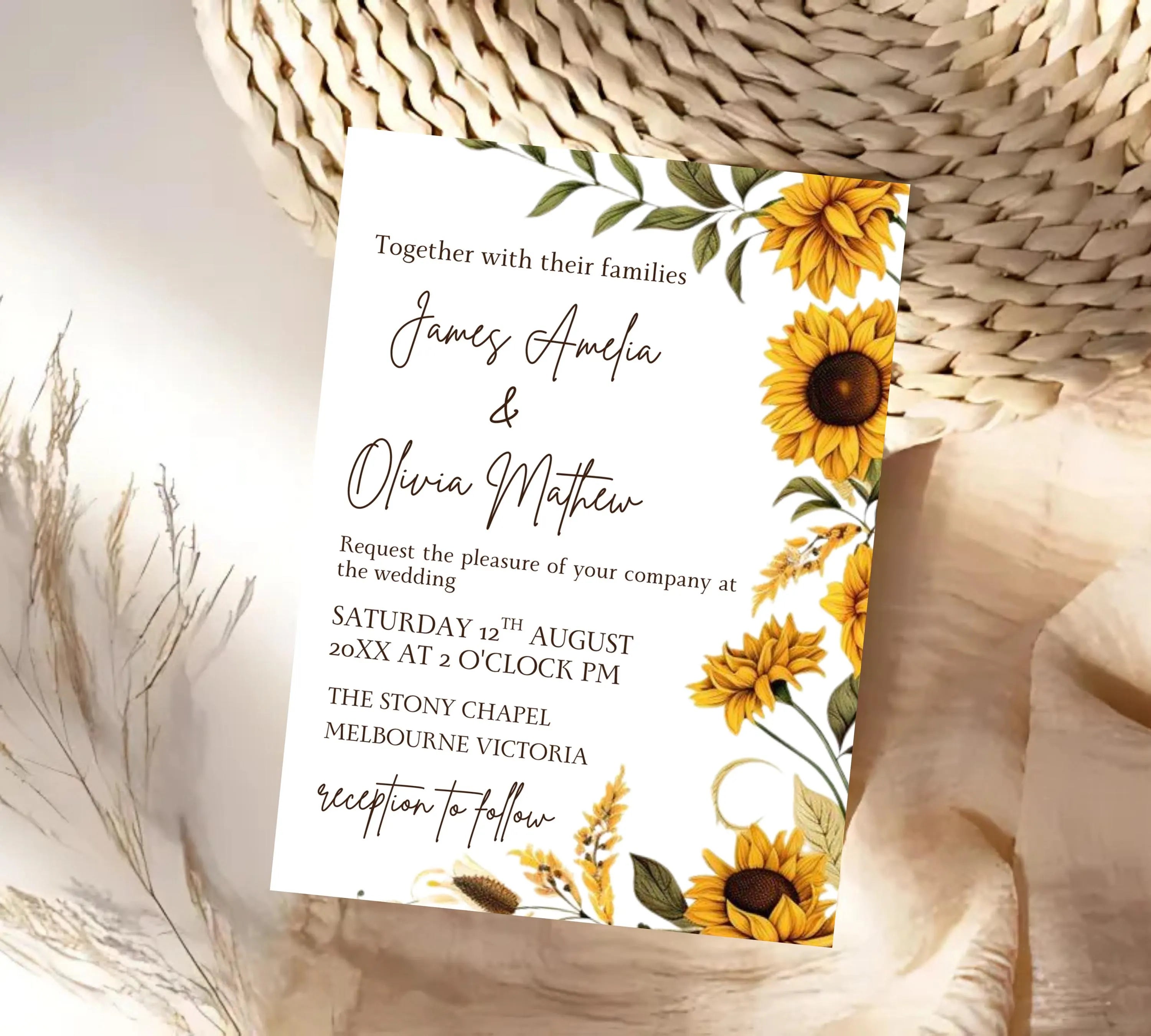 Sunflower Country Wedding Invitation Template Set, Sunflower Wedding Invitation, Rustic Wedding Invitation Suite, Sage Yellow Floral Invite
