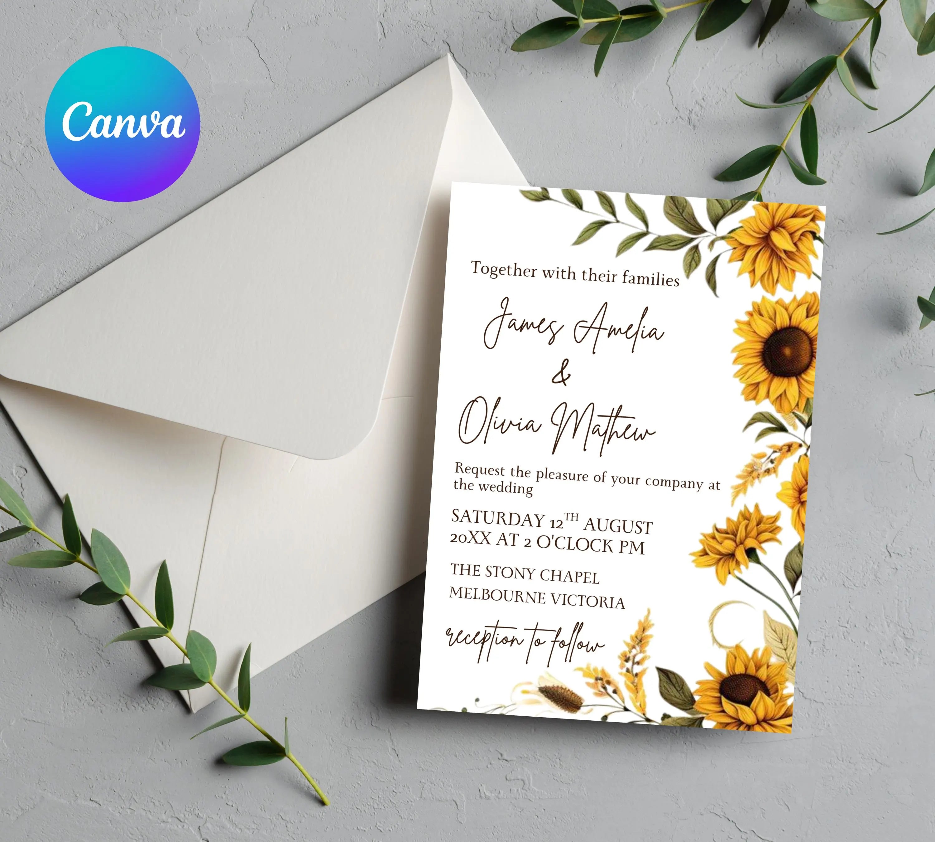 Sunflower Country Wedding Invitation Template Set, Sunflower Wedding Invitation, Rustic Wedding Invitation Suite, Sage Yellow Floral Invite