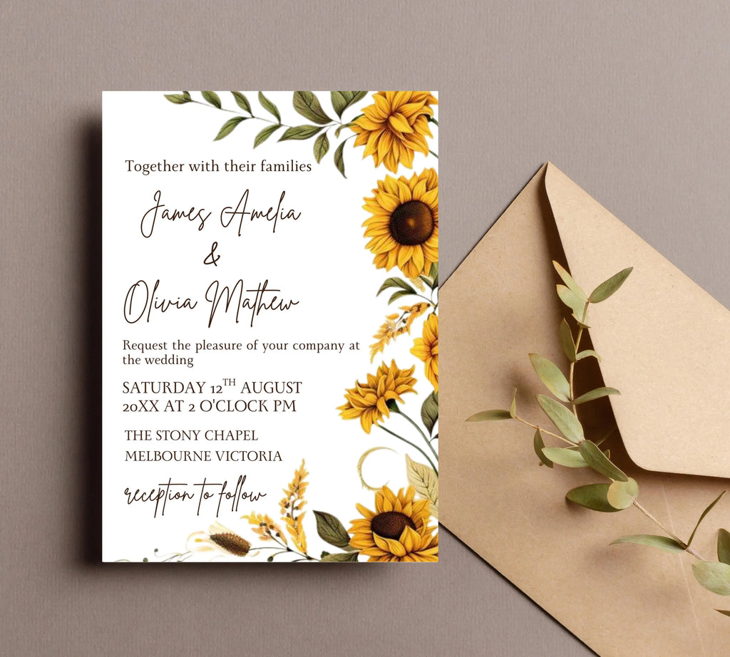 Sunflower Country Wedding Invitation Template Set, Sunflower Wedding Invitation, Rustic Wedding Invitation Suite, Sage Yellow Floral Invite