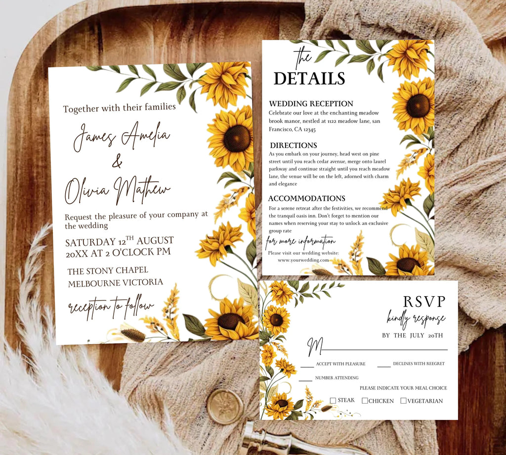 Sunflower Country Wedding Invitation Template Set, Sunflower Wedding Invitation, Rustic Wedding Invitation Suite, Sage Yellow Floral Invite