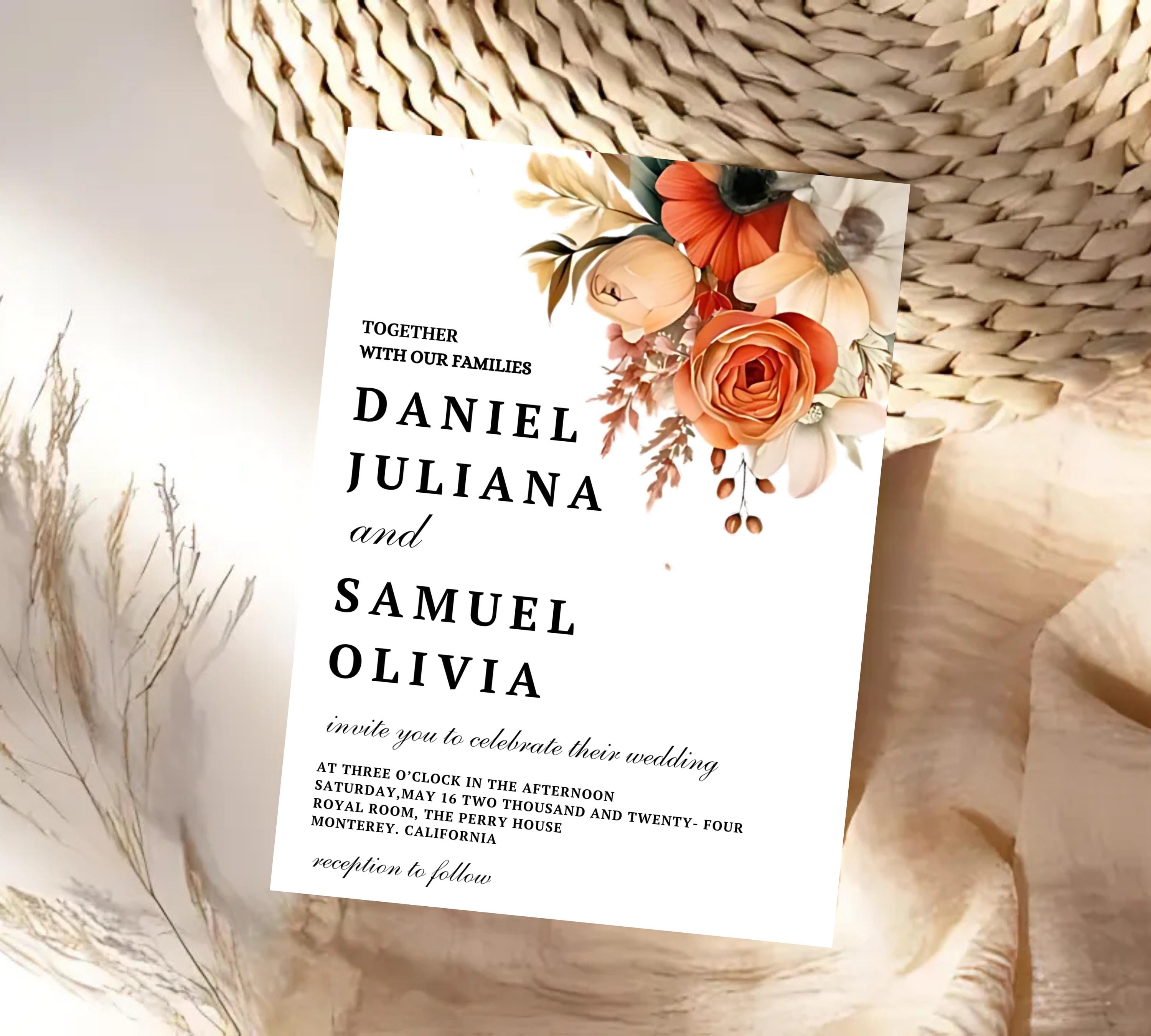 Terracotta and Rose Floral Wedding invitation Set Template, Floral Elegant Wedding Invite, Printable Modern Burnt Orange Rose Wedding Invite